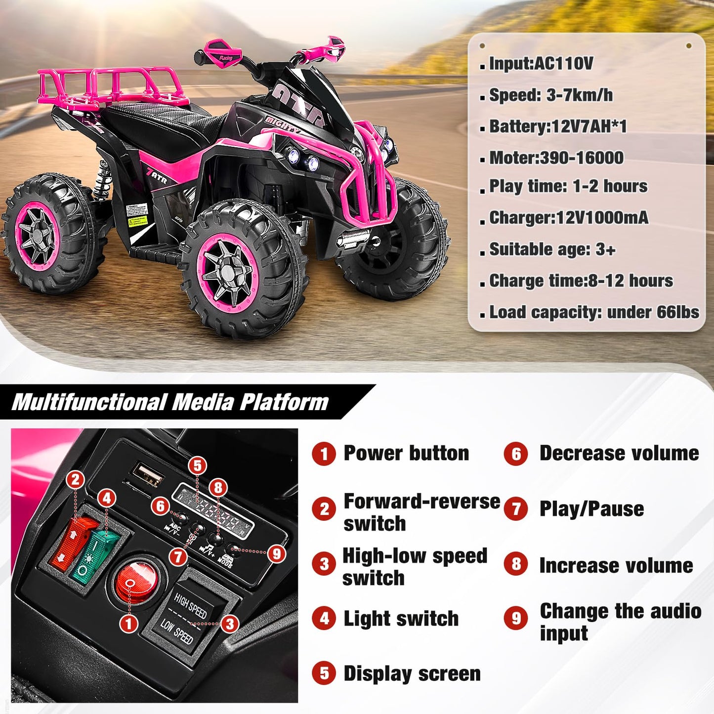 Soar Four Wheeler For Kids - Electirc Toddler 4 Wheeler For Kids 3-6, Ride On Atv 12V Battery Powered, Kids Quad With Led Lights, Music, High Low Speed, Usb/Tf, Treaded Tires, Pink