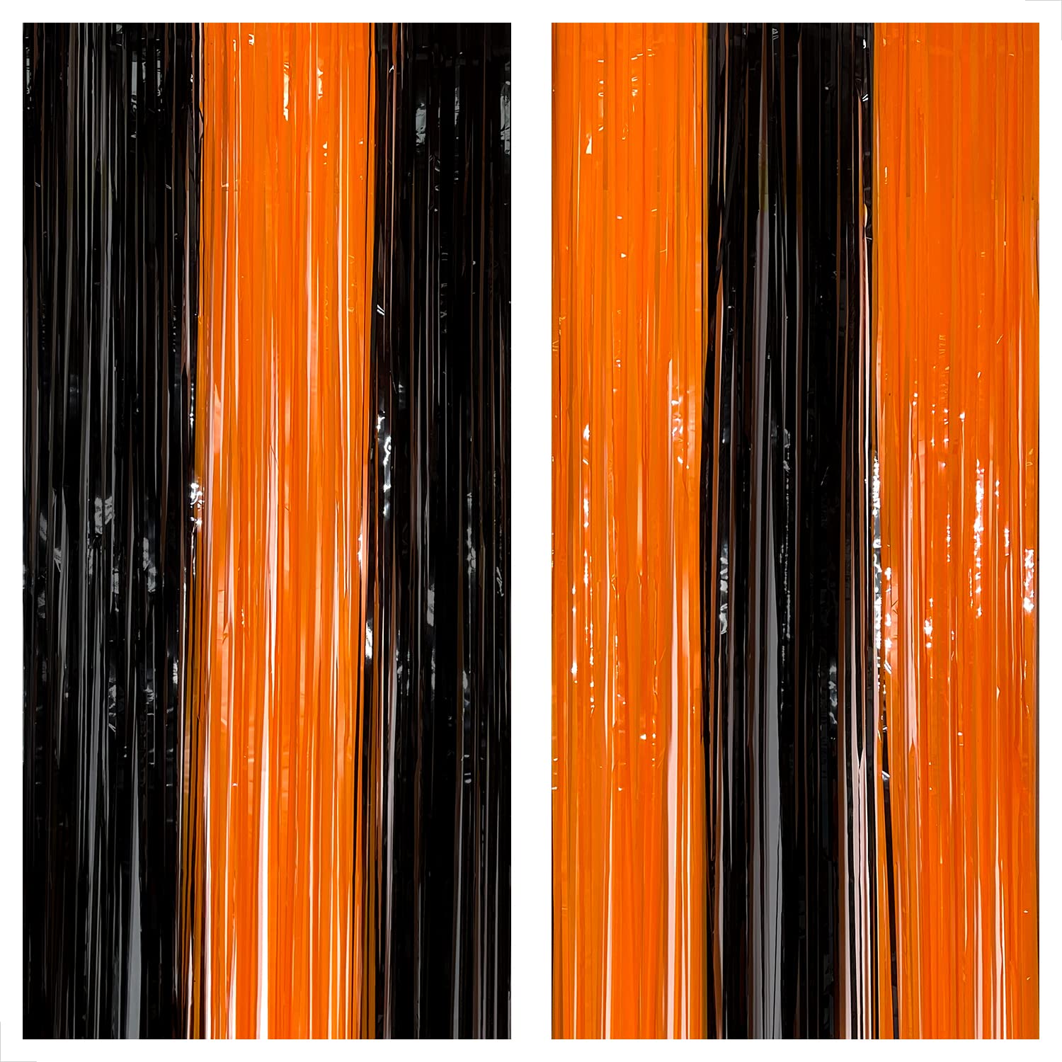 KatchOn, Black and Orange Foil Fringe Curtain - XtraLarge 3.2x8 Feet, Pack of 2 | Orange and Black Streamers, Halloween Decorati