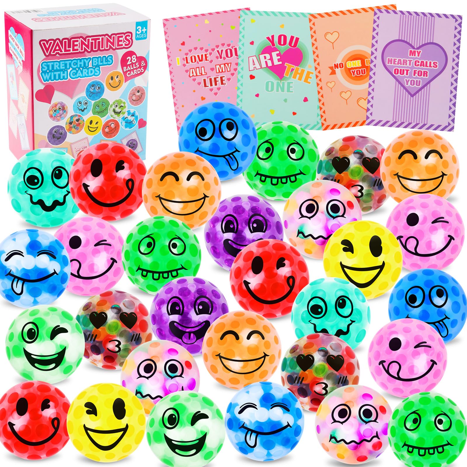 28 Pack Valentines Day Gifts For Kids, Valentines Day Cards For Kids School, Fidget Stress Balls Relief Toys Squeeze Balls For K