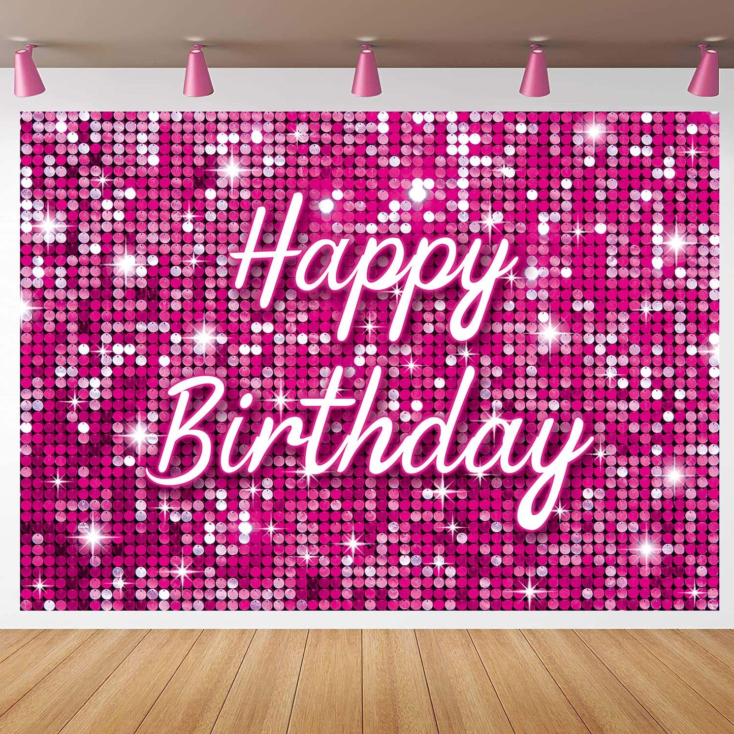 Pink Flash Square Photography Backdrop Hot Pink Happy Birthday Glitter Shinning Sequin Wall Panels Shimmer Wall Background for G
