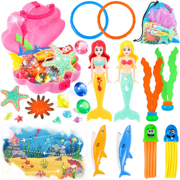 Huuidy Pool Toys, Swim Diving Toys For Kids Set With Upgraded Shell Treasure Chest, Pool Mermaid With Storage Bag Pool Game Summ