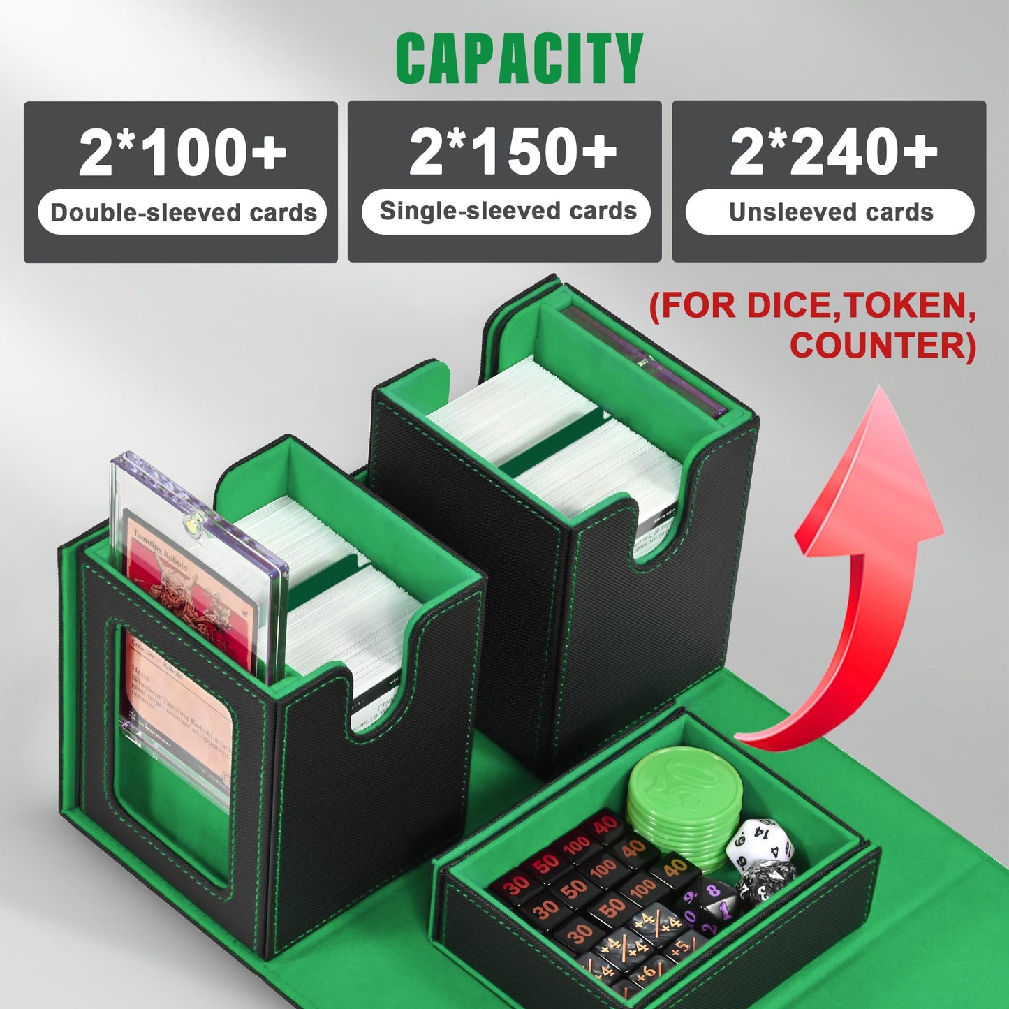 Kabinka Deck Box for MTG with Commander Display  3 in 1 Trading Card Storage Box Fit 200 Double-sleeved Cards  Removable Deck Case for TCG/Sports Cards with 2 Magnetic Card Holders (Black Green)