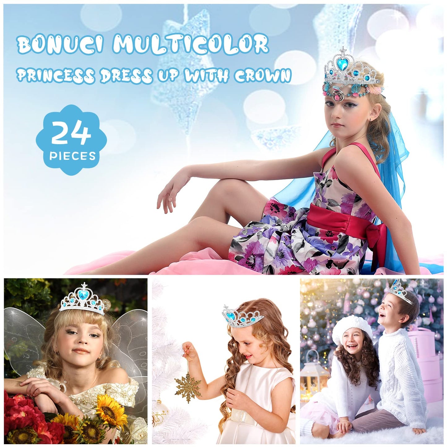 Zhanmai 24 Pcs Princess Crown Set Girl Plastic Tiara Dress up Costume Valentine Day Rhinestone Tiara Birthday Favor(Blue)