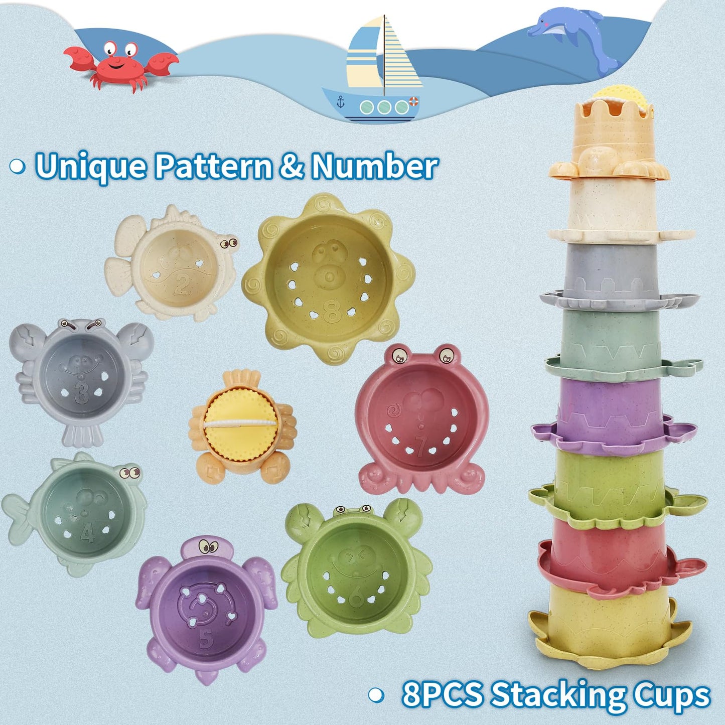 Sltbeh Baby Bath Toys For Toddlers 1-3, 14 Pcs Bathtub Toys For For Kids Age 2-4,Mold Free Bath Boat With Stacking Cup & Waterin