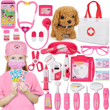 33Pcs Pet Doctor Kit For Toddlers - Dress Up Costume & Pretend Doctor Play Set With Dog Toy, Stethoscope, Pet Vet Roleplay Toys,