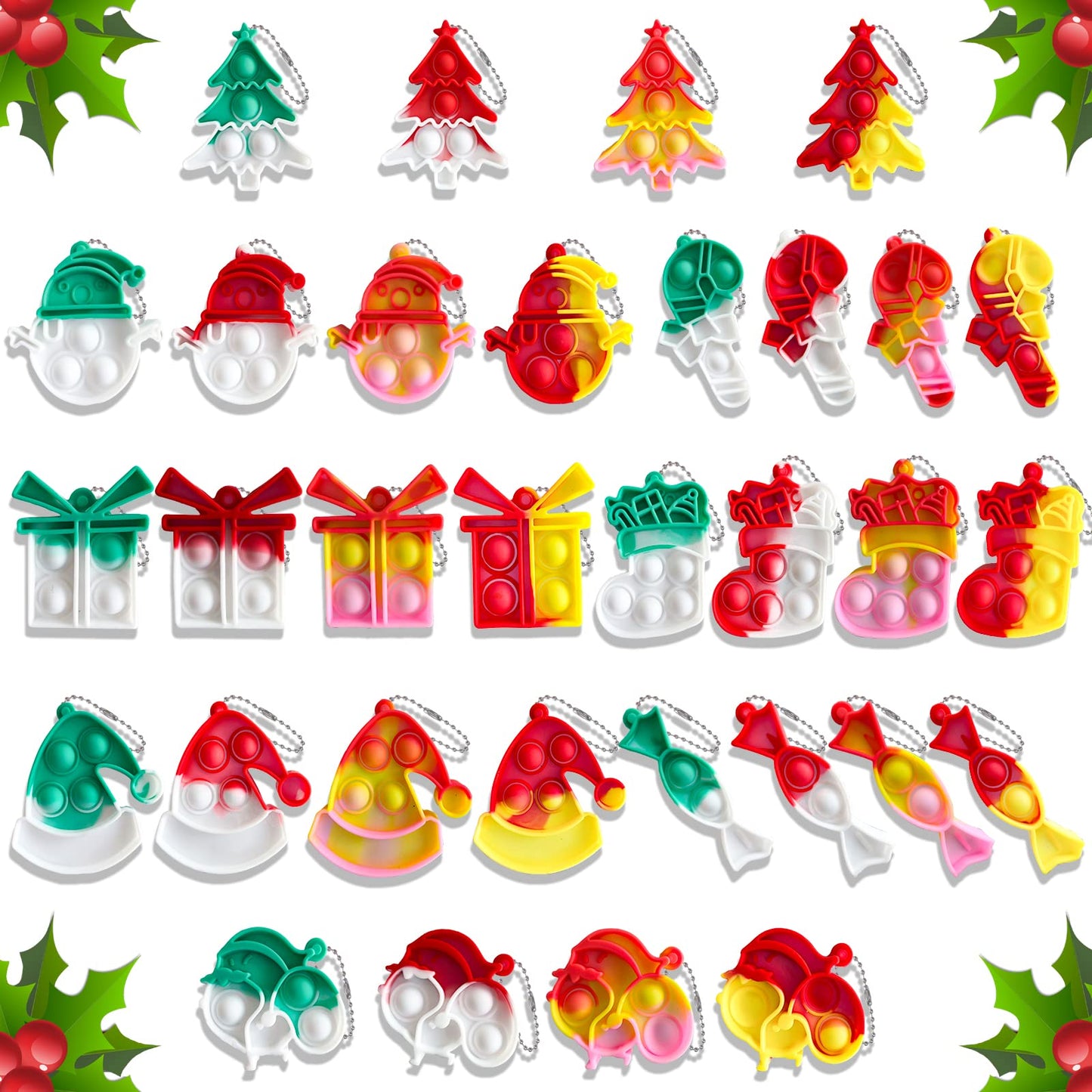 32Pcs Christmas Mini Pop Keychain Fidget Toys, Mini Pop Bubble Christmas Fidget Toy, Silicone Mini Pop Toys Bulk For Kids Anxiety Stress Reliever For Adults