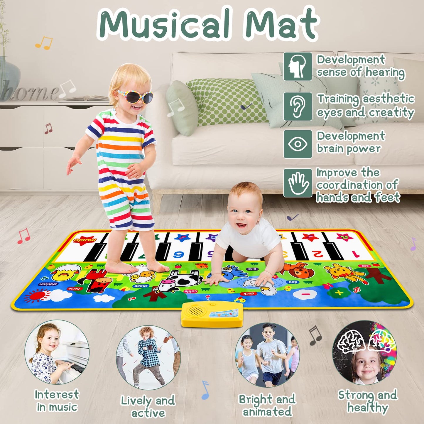 M Sanmersen Piano Mat, 53'' X 23'' Musical Toys For Toddlers Floor Piano Touch Playmat With 8 Animal Sounds, Music Piano Keyboard Dance Mat Toddler Toys Gifts For Boys And Girls 1 2 3 4 5 Year Old