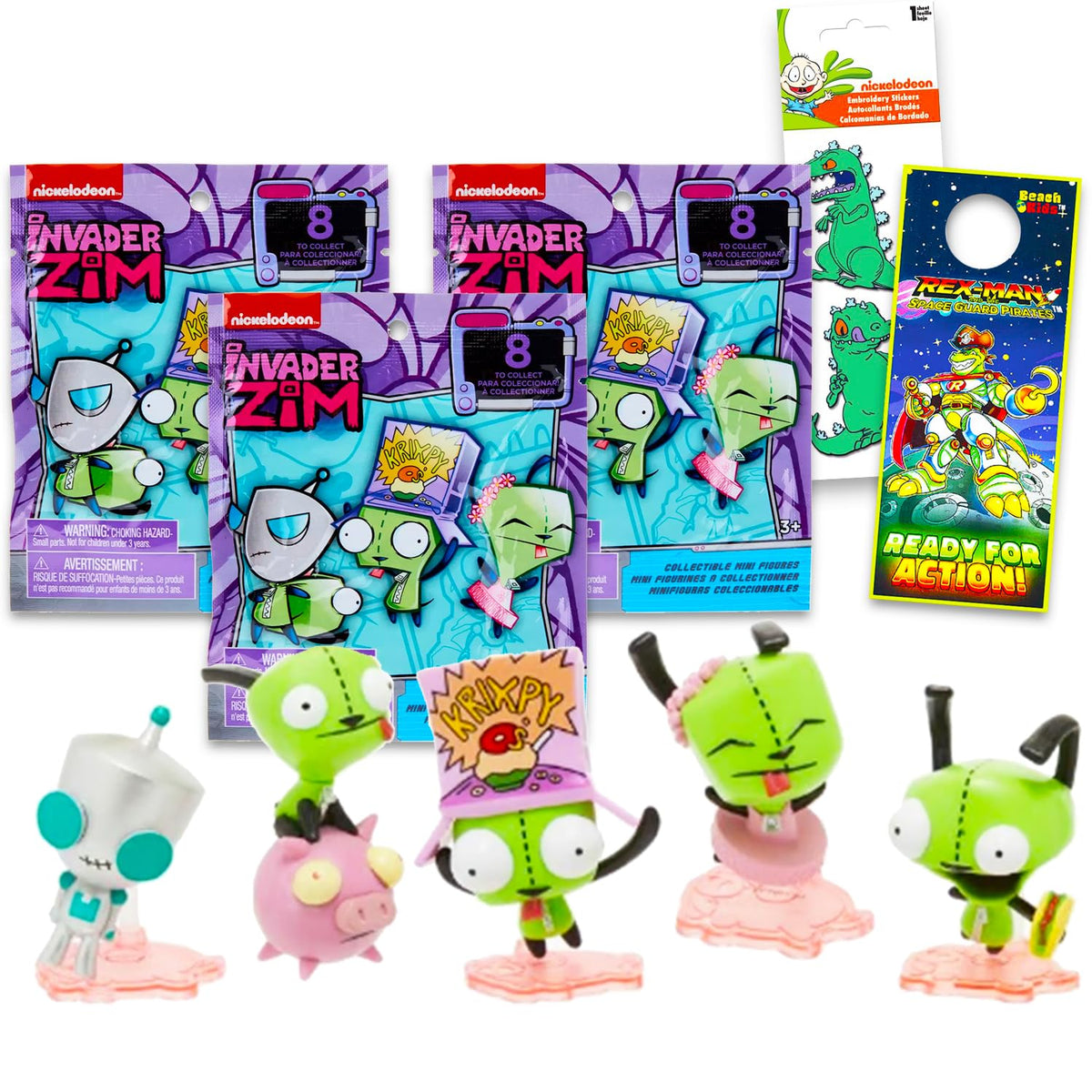 Nickelodeon Invader Zim Mystery Toys Set  Bundle with 3 Pack Invader Zim Gir Blind Bags Plus Stickers, More | Invader Zim Mini 