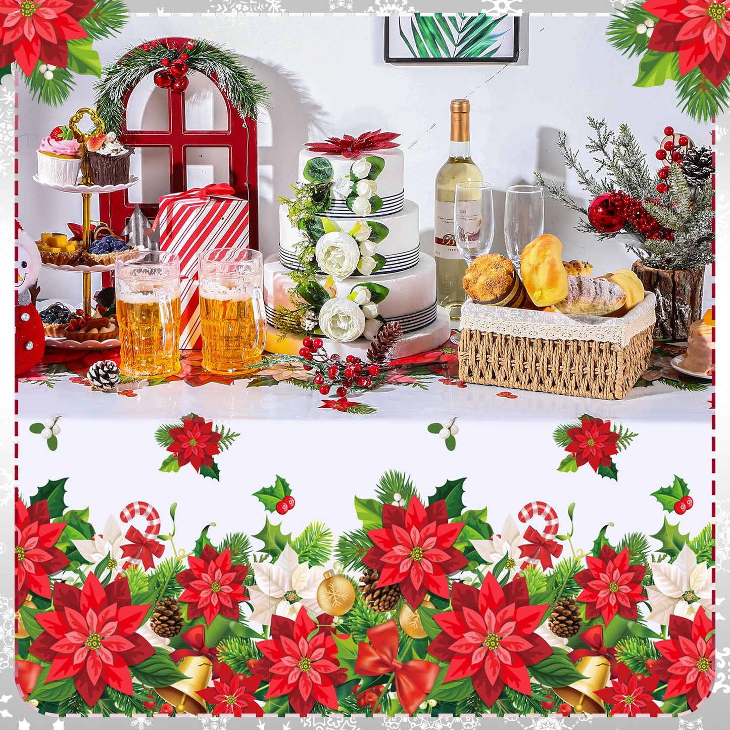 Newwiee 3 Pcs Christmas Poinsettia Tablecloths Red White Flower Plastic Table Covers 54 x 108 Inch Disposable Rectangle Xmas Tab