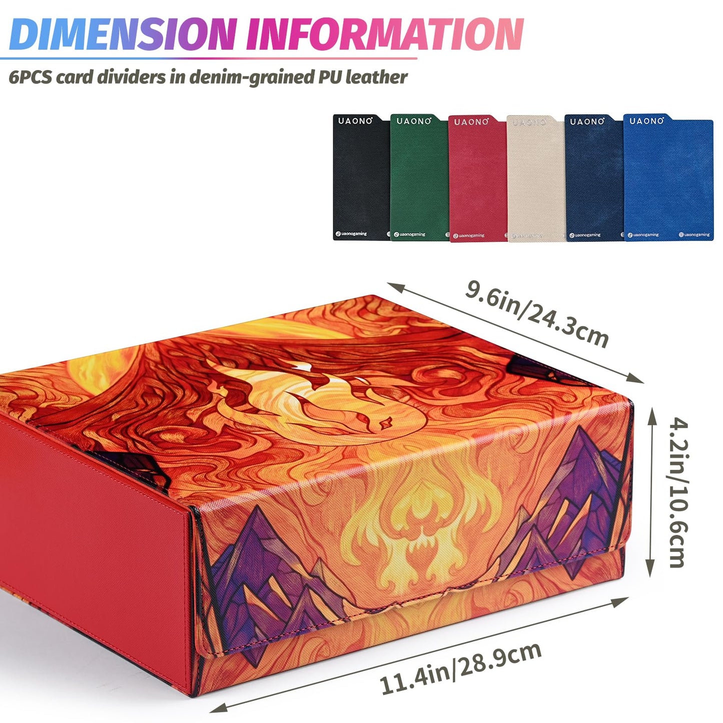 Uaono Card Storage Box For Mtg, Trading Card Deck Box Holds 1800+ With 6 Dividers, Leather Printing Magnetic Closure Card Storage Case Fits Tcg Ccg Sports Cards (Red, Flame)