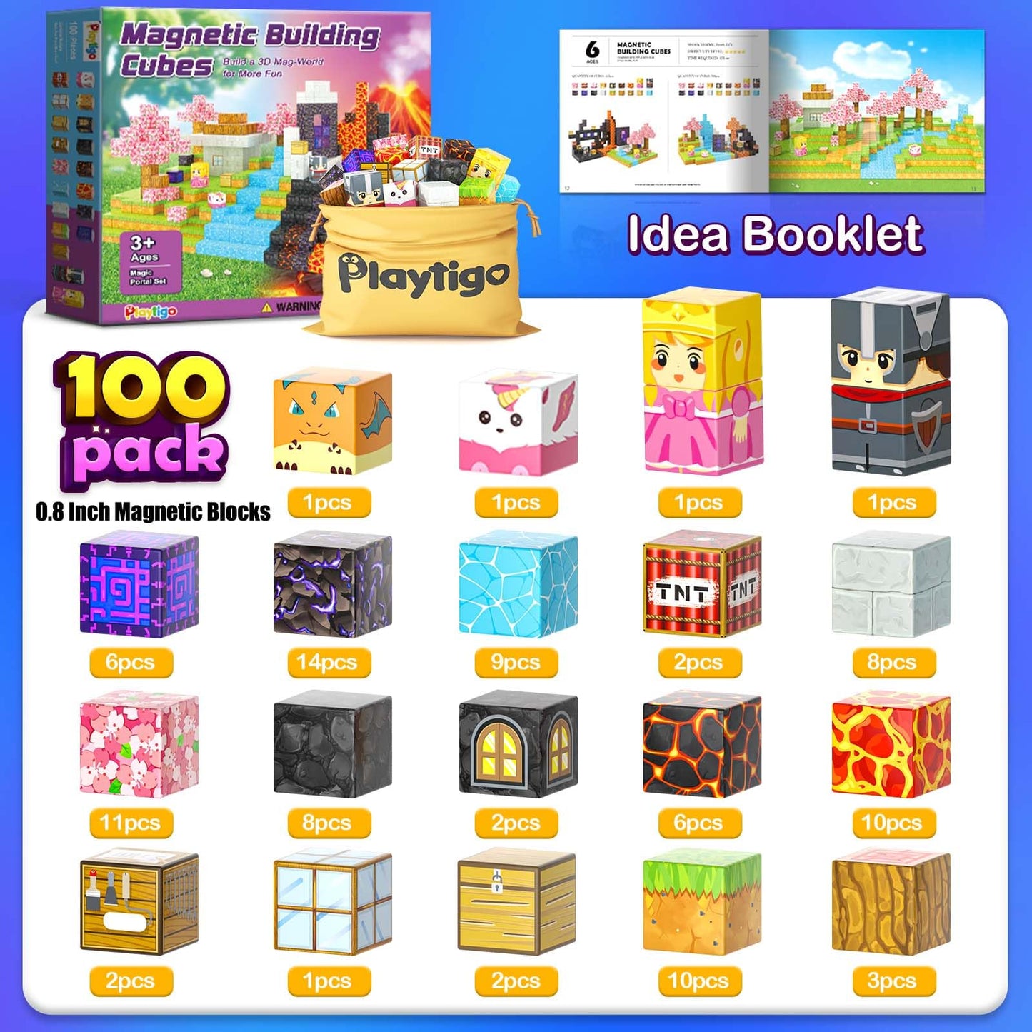 Playtigo Magnetic Blocks- 100Pcs Mine Magnet World Block Cubes Toys For Kids Ages 4-8 Magnetic Tiles Kids Sensory Birthday Gifts