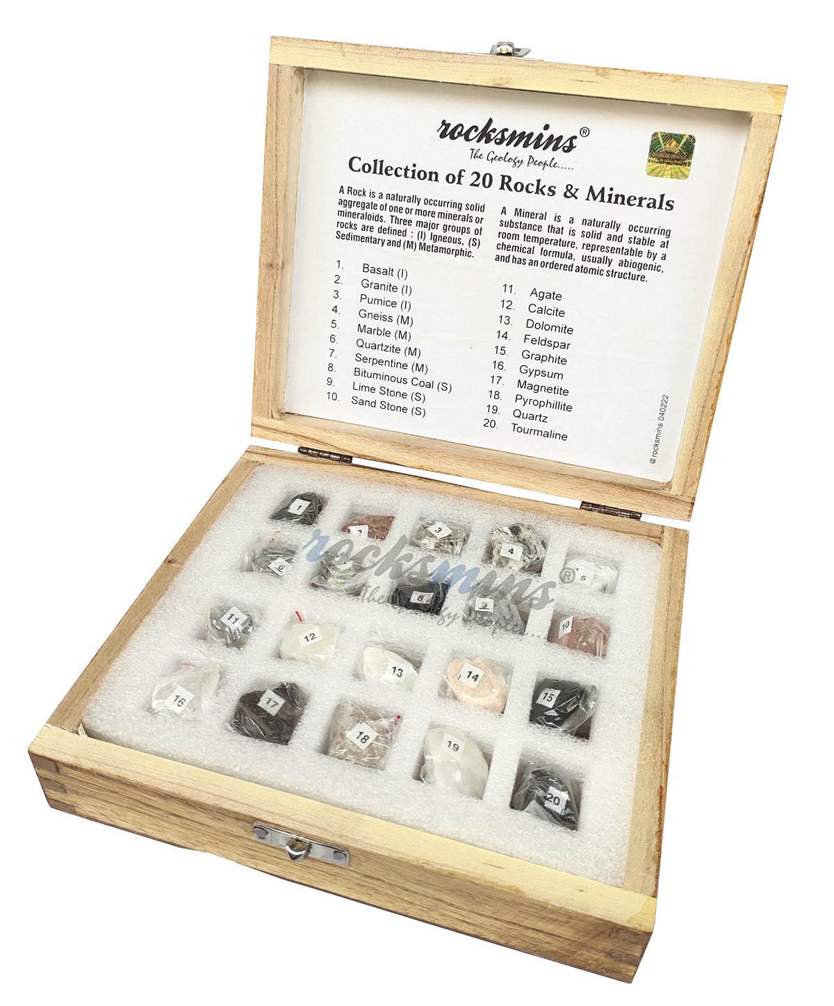 Rocksmins Collection of 20 Rocks & Minerals (10 Rock+10 Mineral) Specimens in Wooden Box for School Education Samples Collection