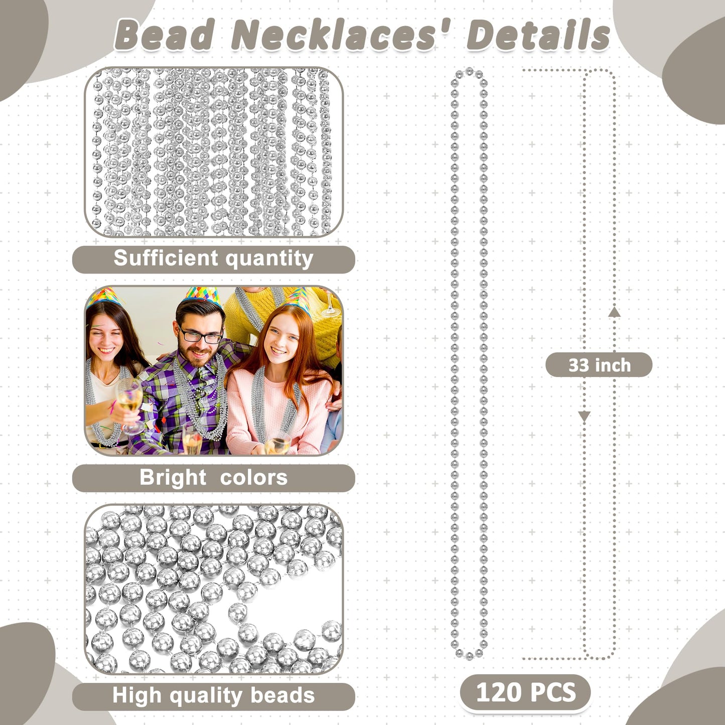 Mardi Gras Beads Necklaces, 120Pcs Bead Necklace, 33 In Mardi Gras Beads, Silver Party Beads, Parade Throws Bulk For Christmas P