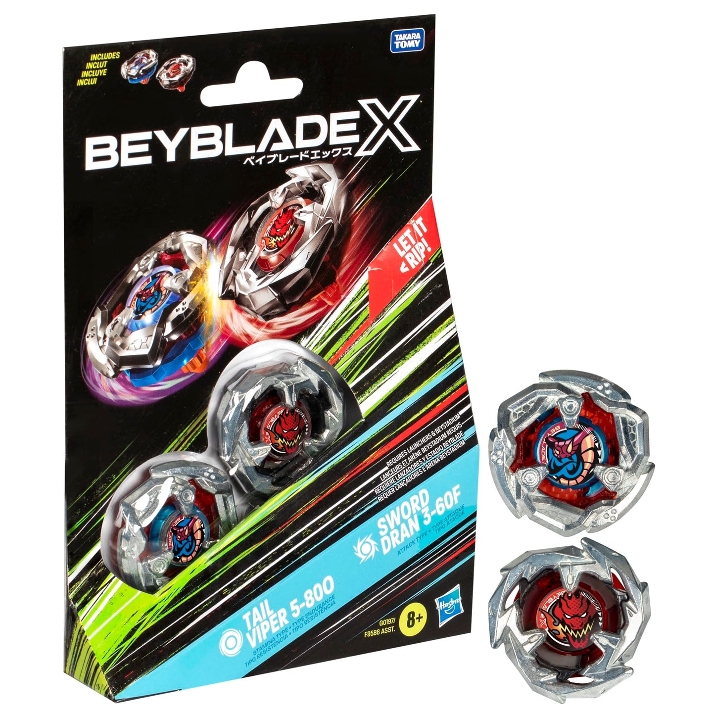 Beycutting edge X Tail Viper 5-80O and decorative replica blade Dran 3-60F Dual Pack Set with 2 Right-Spinning Tops; Battling Top Toys for 8 Year Old Boys and Girls