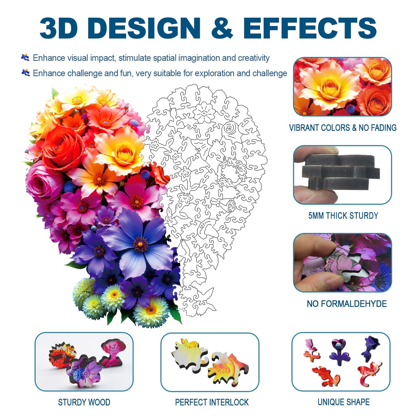 Wooden Jigsaw Puzzles for mature-themeds and Kids  Heart Flower 200 Piece Unique Shaped Puzzle  Family Game and Creative Wooden Puzzle Gift  Wall Art Decor