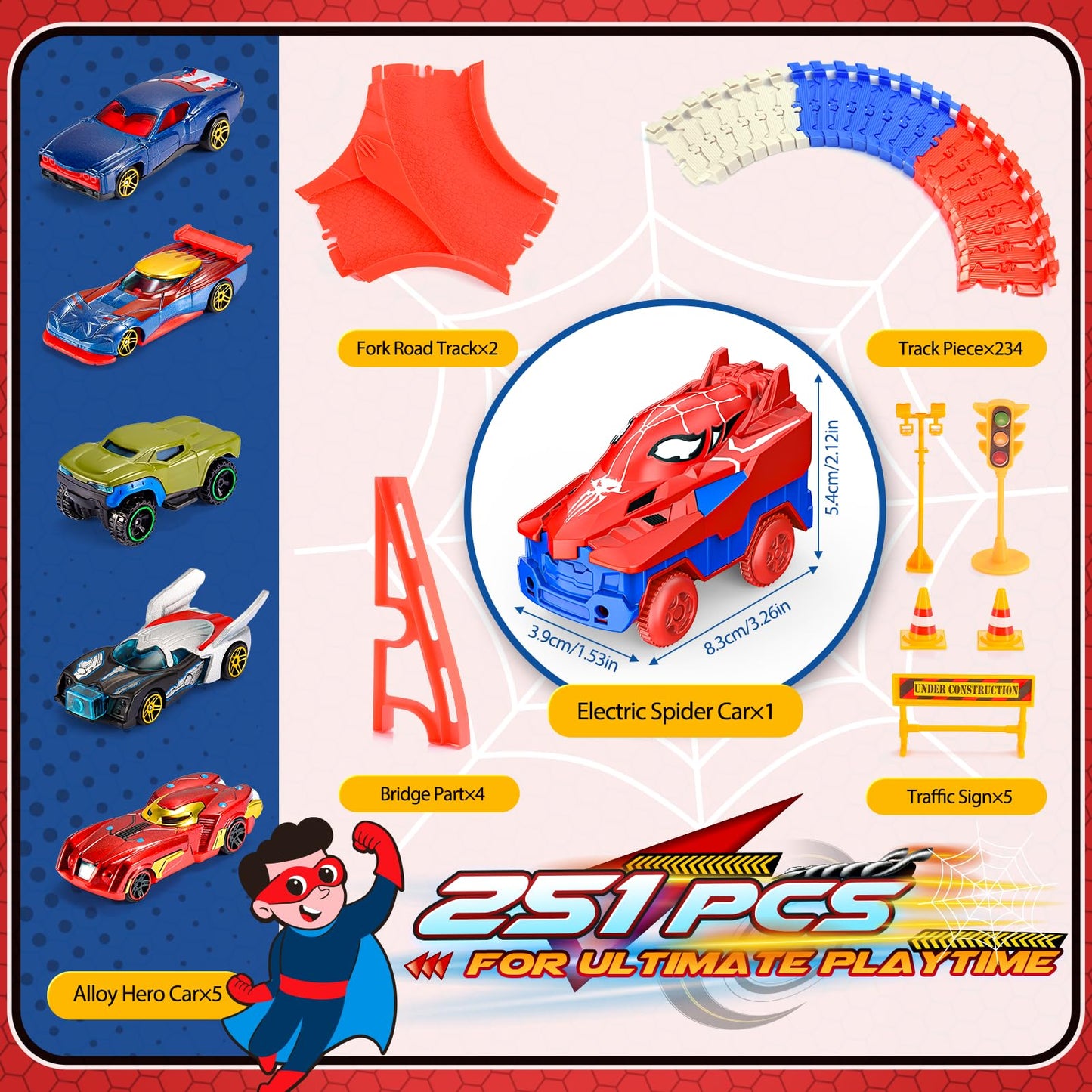 Aetyni Spider Toys for Boys 3-4: 251 PCS Spider Race Track with 5 Alloy Cars Toys for 3 4 5 6 Year Old Boys Car Tracks for Kids