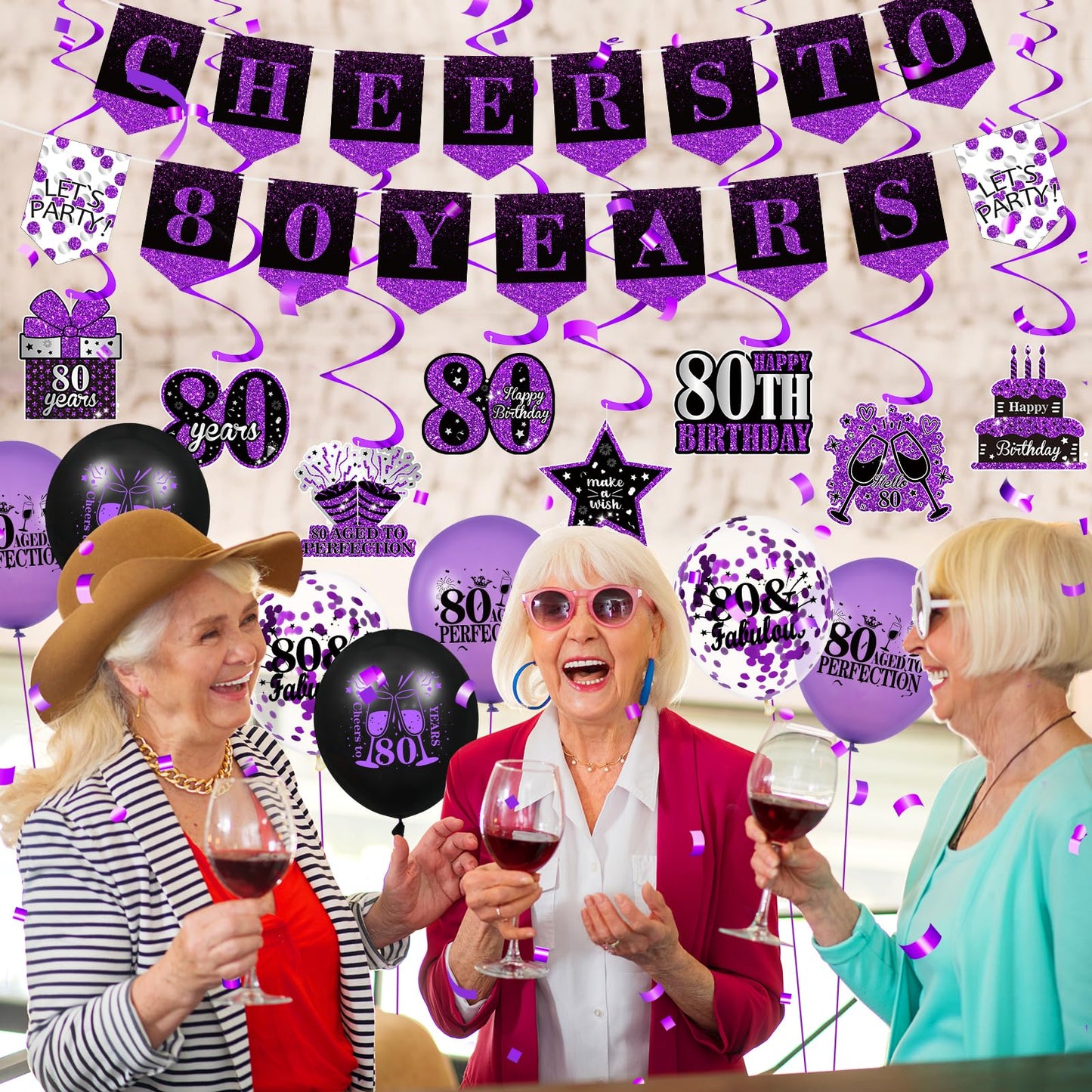 Purple 80Th Birthday Decorations For Women Men Purple Black 80Th Birthday Banner Hanging Swirls 80Th Birthday Balloons Happy 80Th Birthday Cake Topper For Purple Cheer To 80 Years Party Supplies