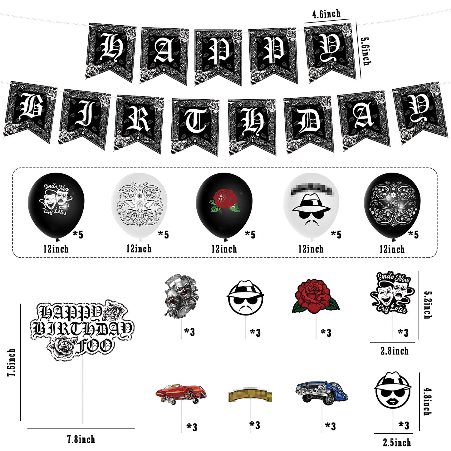 Wood Homing 51PCS Cholo Birthday Party Decorations, Black Theme Balloons, Happy Birthday Banner, Cake Topper, Paper, Latex, White