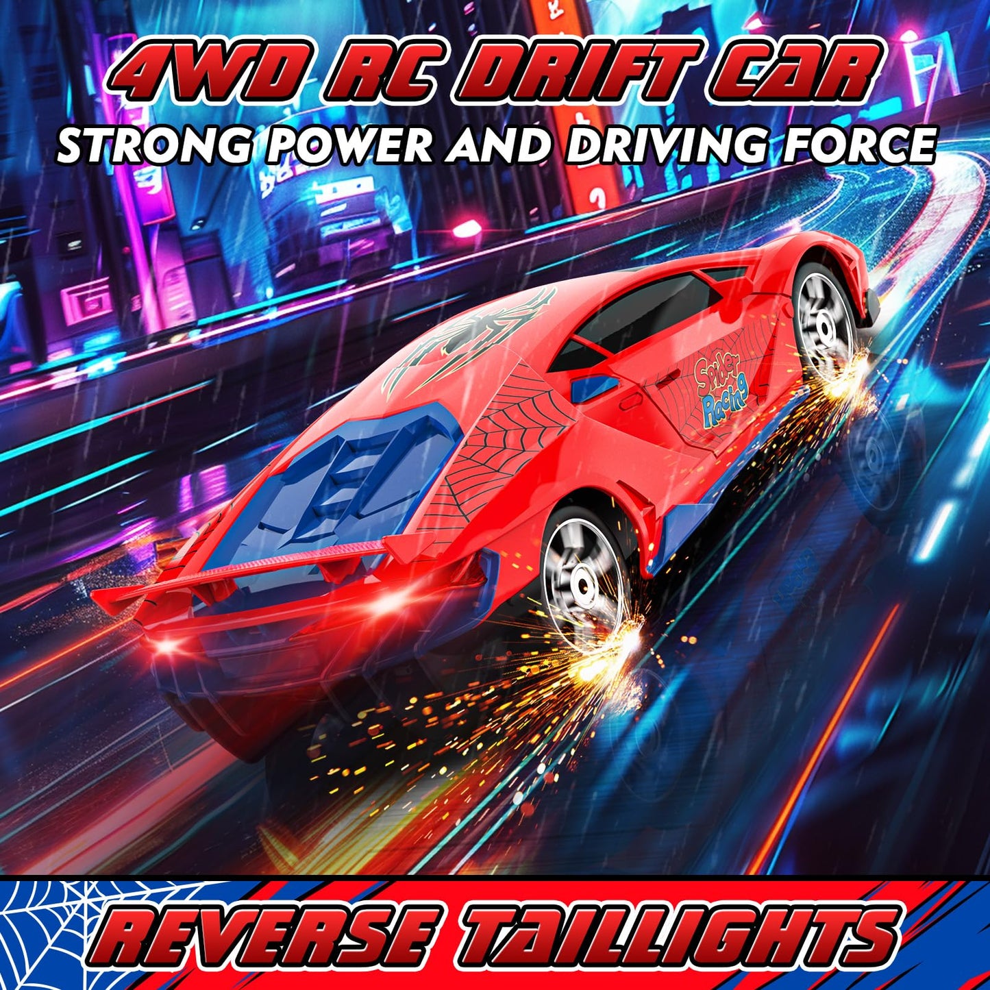 FunnyHall Spider RC Drift Car, 1:24 Remote Control Car 2.4GHz 4WD 15KM/H High Speed RC Cars with LED Lights Racing and Drifting