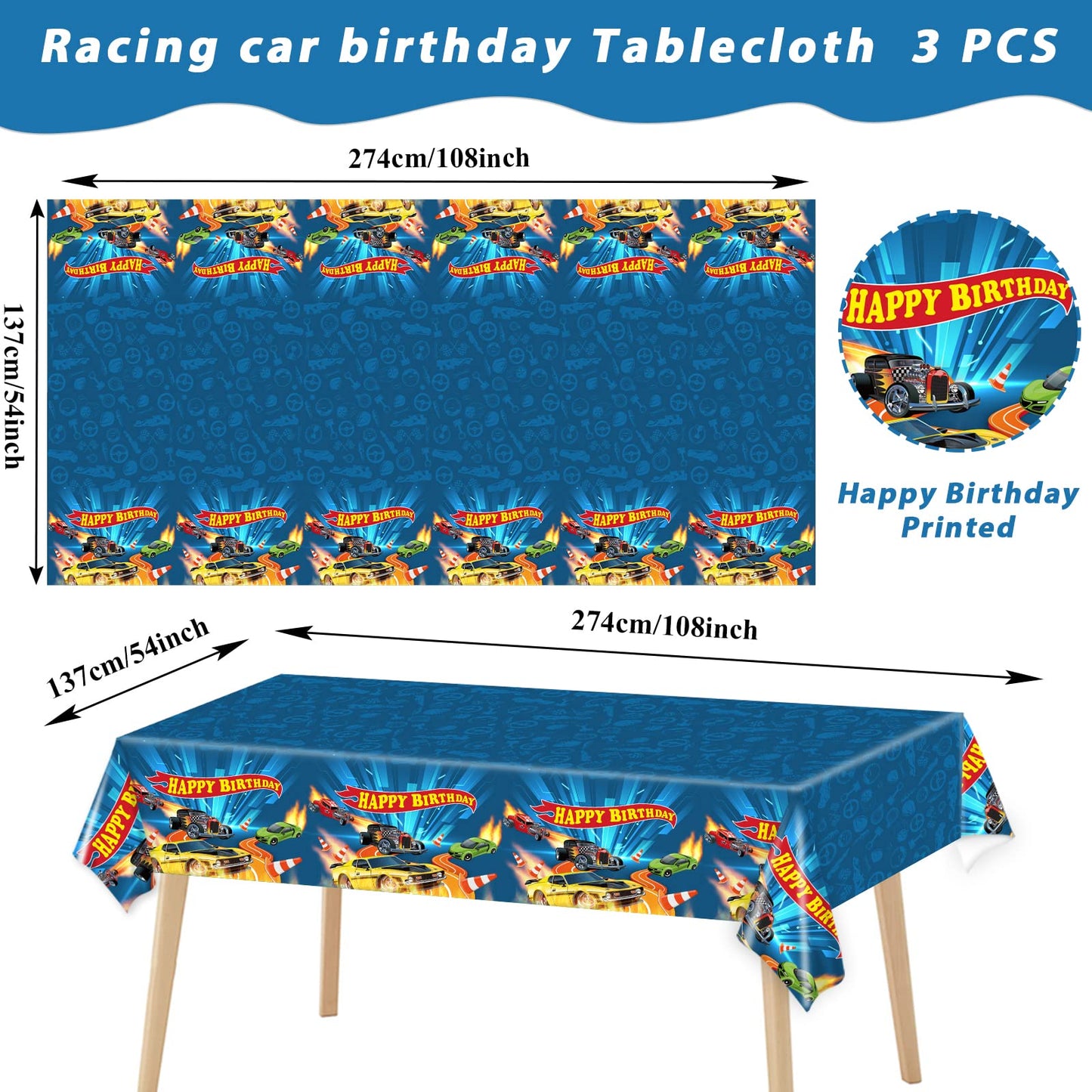 WIFUNUE 3Pieces Hot Car Themed Plastic Tablecloth Hot Race Car Birthday Party Plastic Table Covers for Kids Boys Racing Car Birt