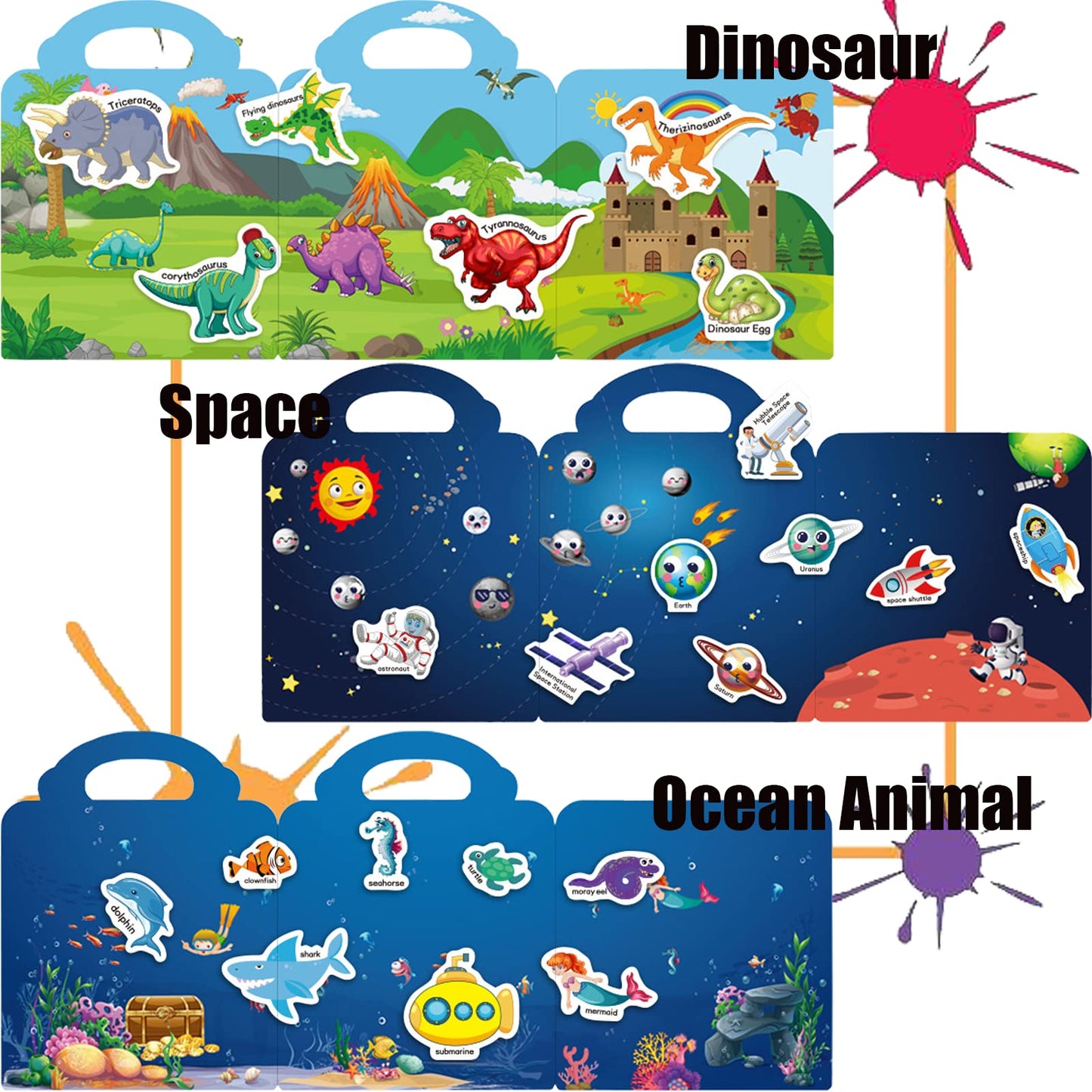 Reusable Sticker Books For Kids, Travel Sticker Learning Toys For Toddlers, Toddler Educational Learning Toys, Gifts For 3 4 5 Year Old Girls Boys, Dinosaur&Space&Ocean Animal