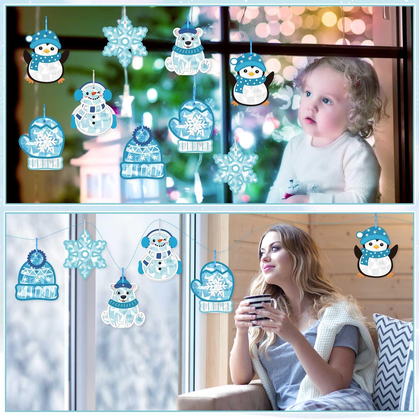 Feifeiya 24 Set Winter Suncatchers Crafts DIY Window Tissue Paper Suncatchers Winter Craft Make Your Own Hanging Ornaments for C