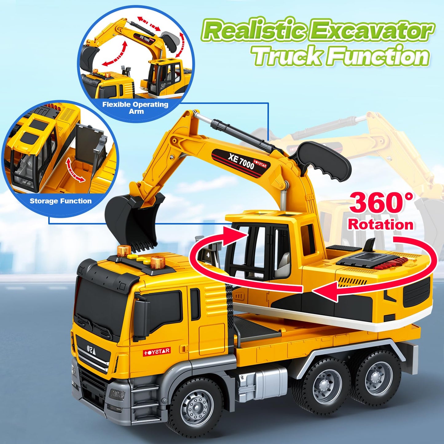 Kids Toys for 3 4 5 6 7 8 Years Old Boys, Large Excavator Truck Toy with Lights, Sounds, Toddler Friction Powered Truck Vehicle