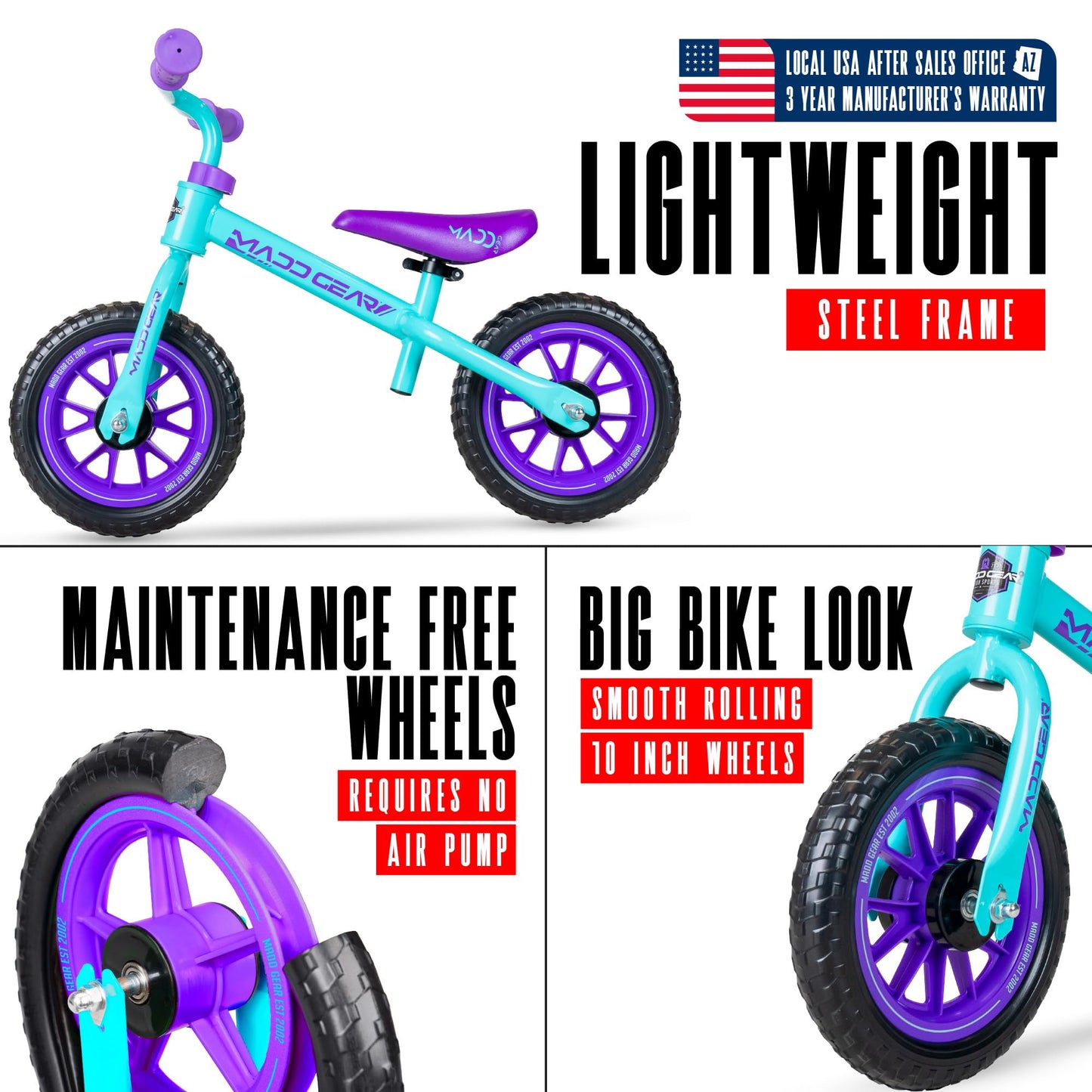 Madd Gear Toddler Balance Bike - Lightweight No Pedal First Bike For Ages 18 Months To 4 Years - Adjustable Seat - 10'' Maintena