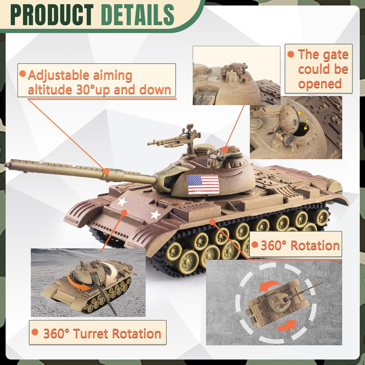 Maozyhomie 1:72 Ww2 Army Tank And Army Men Toys Playset, 2Pc Us Desert Tan Tank-2 Models With 10Pc Toy Soldiers, Rotating Turret