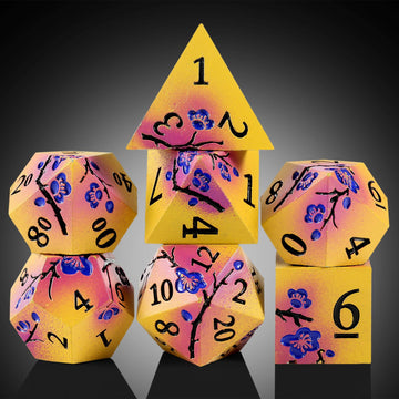 DNDND Flowers Metal Dice, 7 PCS Metallic DND Dice with Gorgeous Gift Case for D&D Dungeons and Dragon Tabletop Game (Earth Yello