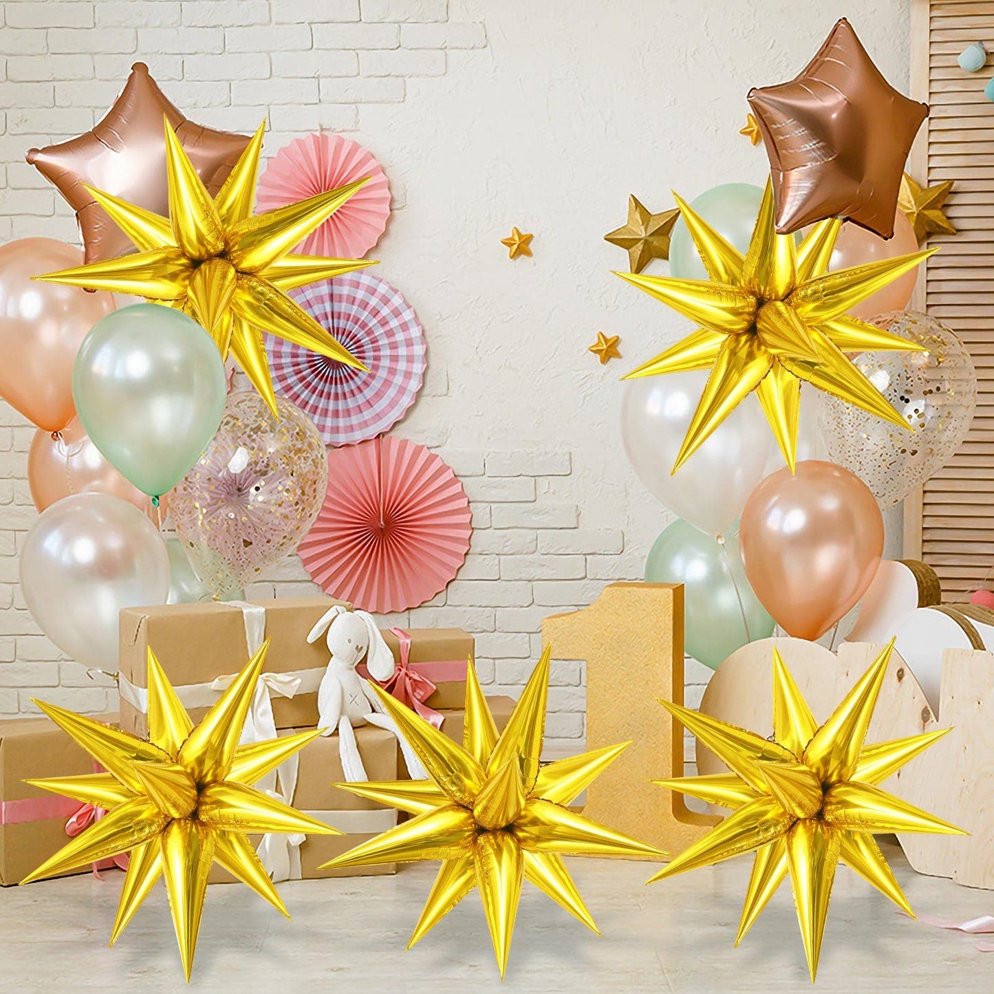 60 Pcs Gold Star Balloons Explosion 12 Point Foil Cone Balloons Magic Starburst Balloons Large For Wedding Anniversary Backdrop
