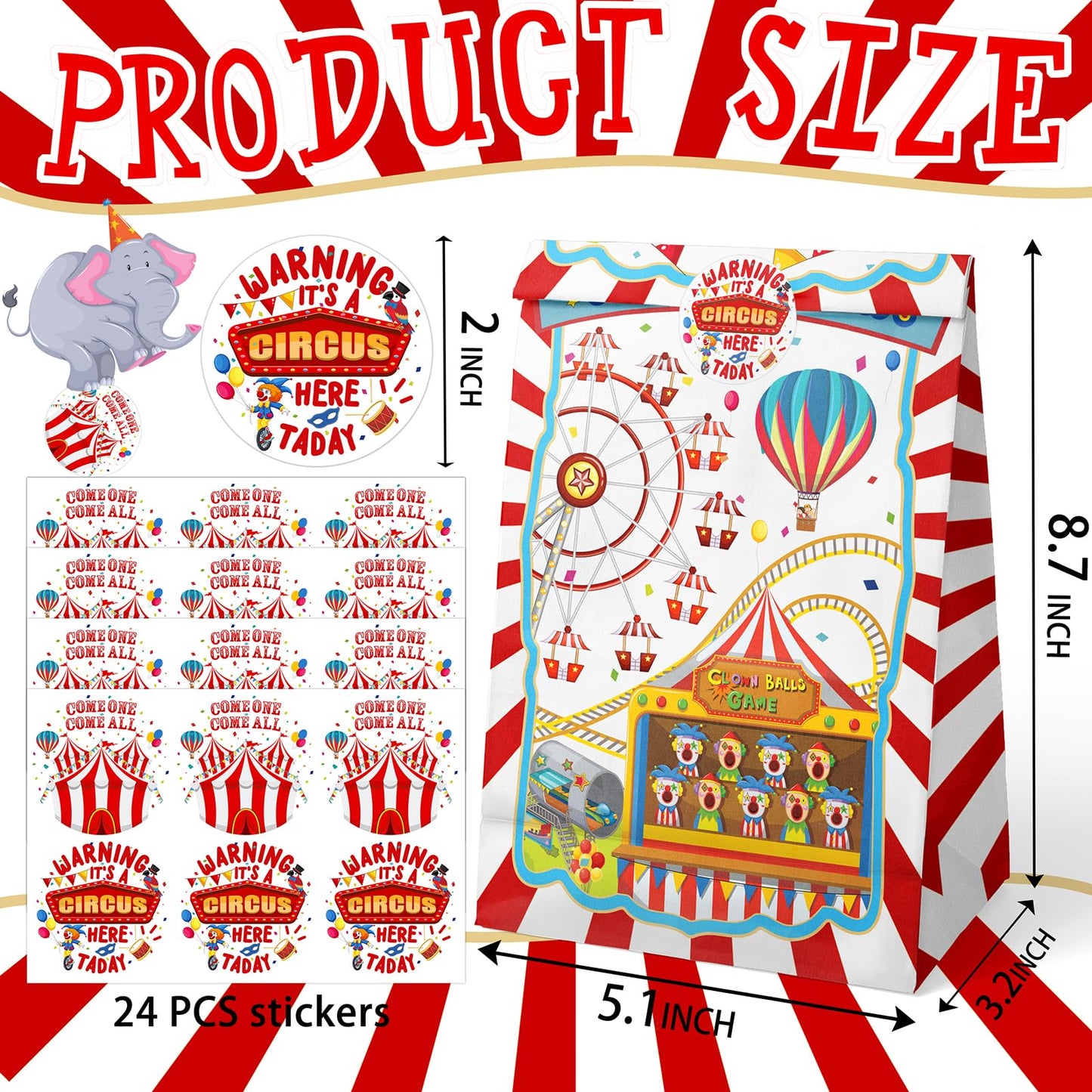 Hapibidesign Circus Party Favor Bags - 24 Pcs Carnival Party Candy Bags With Stickers - Carnival Goodie Gift Treat Bags - Waterc