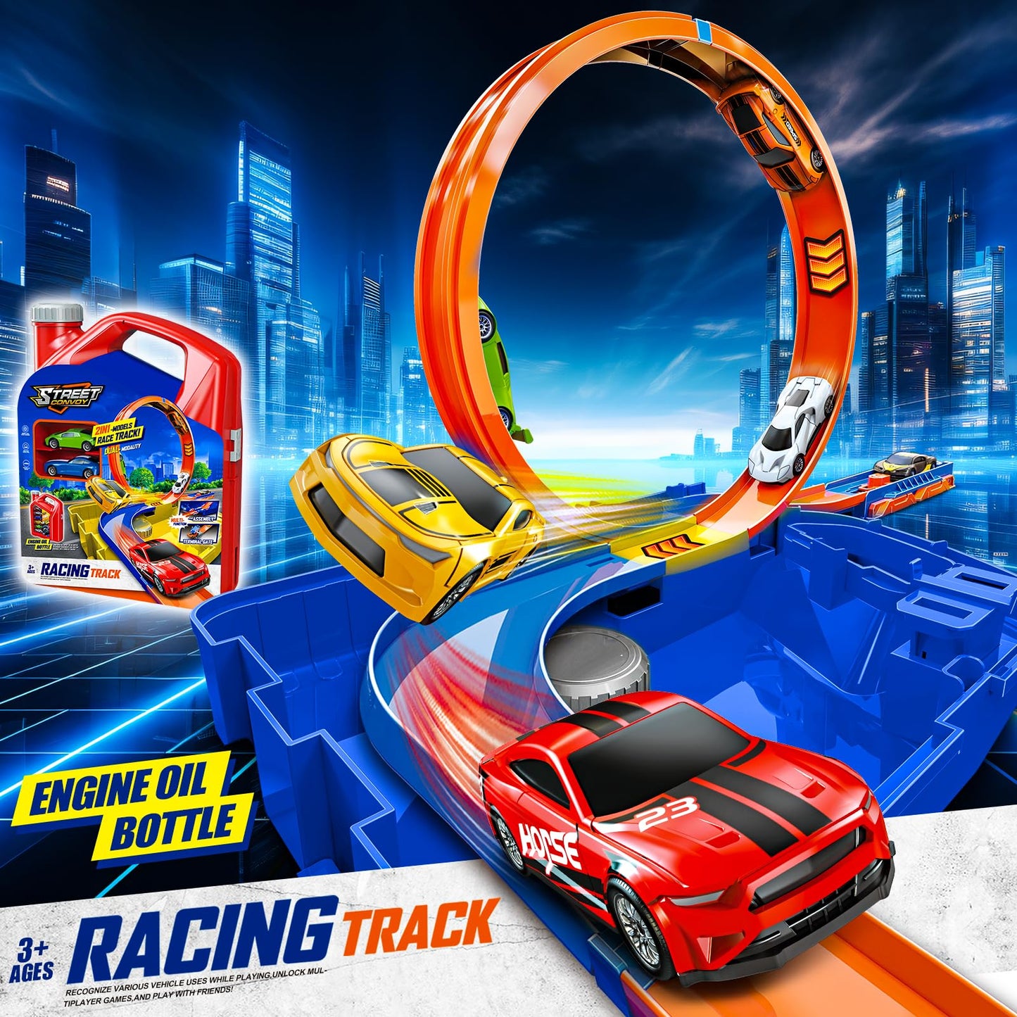 Race Track Toy Car Set with 2 Race Cars 2 in 1 Car Tracks Style with Storage Box Changeable Tracks Toys Birthday Gifts for Kids 3 4 5 6 7 8+Year Old Boys Girls (Blue)