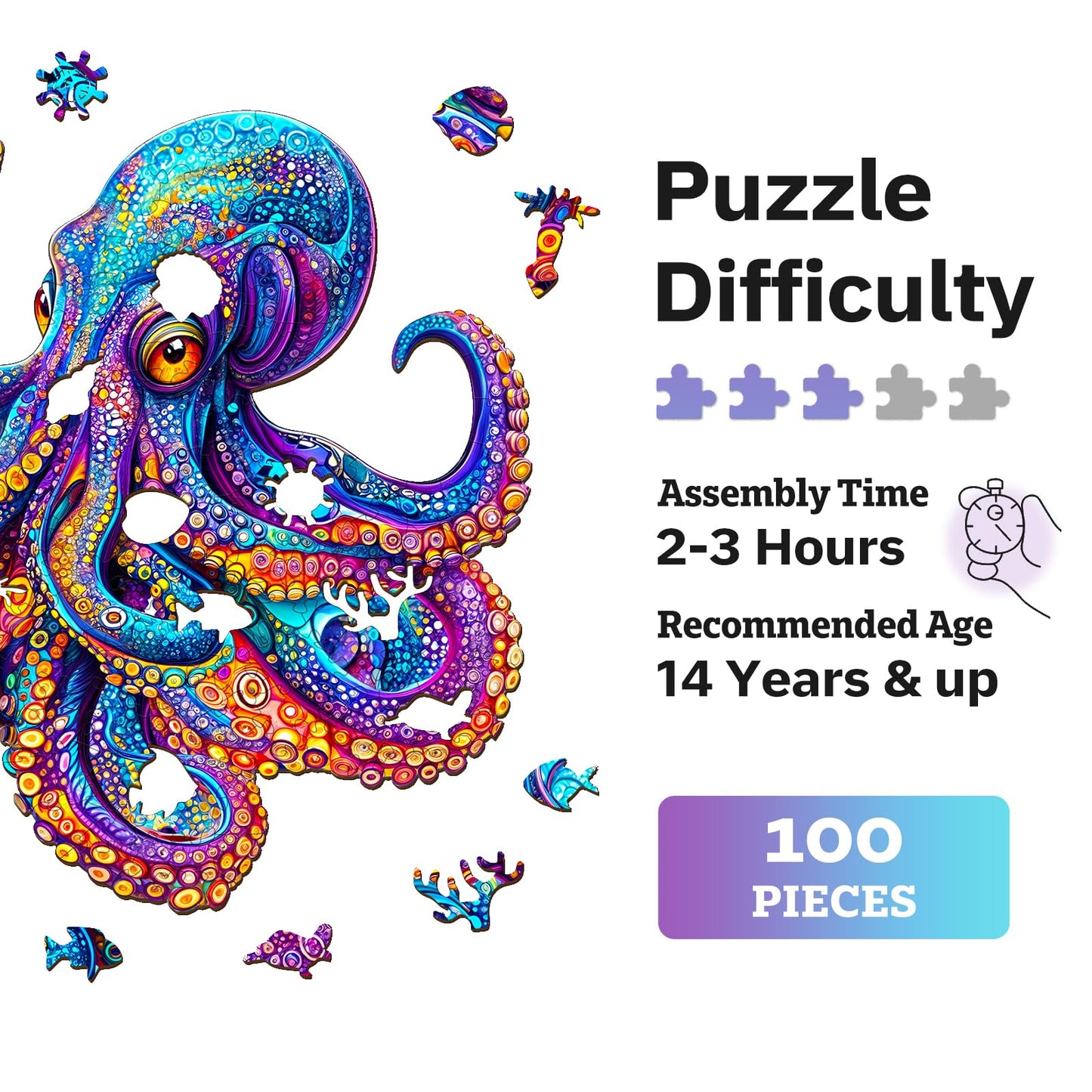 Jigfoxy Wooden Puzzles for mature-themeds  Octopus Wood Puzzles mature-themed  Unique Animal Shape Wooden Jigsaw Puzzles for mature-themeds  Birthday Gifts for Puzzle Lovers  Family (S-8.5 * 8.4in-100pcs)