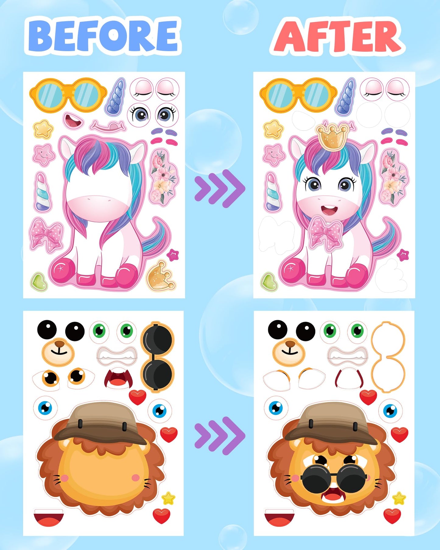 24 Pcs Make Your Own Sticker Sheets For Kids, Mix And Match Animal Face Stickers For Kids 3-5, 4-8, Toddlers Crafts Activities G