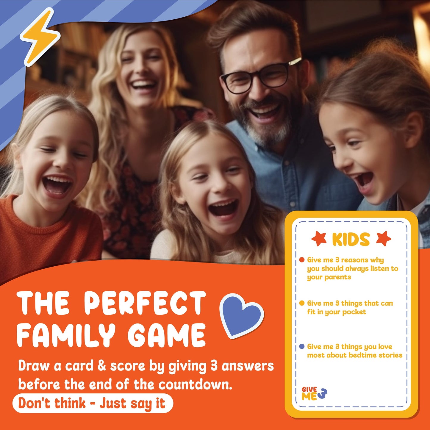 SAVANA GIVE ME 3 Family Edition - Award Winning Fast Paced and Hilarious Party Game | 10 Second Rule Card Game for Kids  Teens and mature-themeds | Easy to Learn  15-Minute Round | 2+ Players - Age 6+