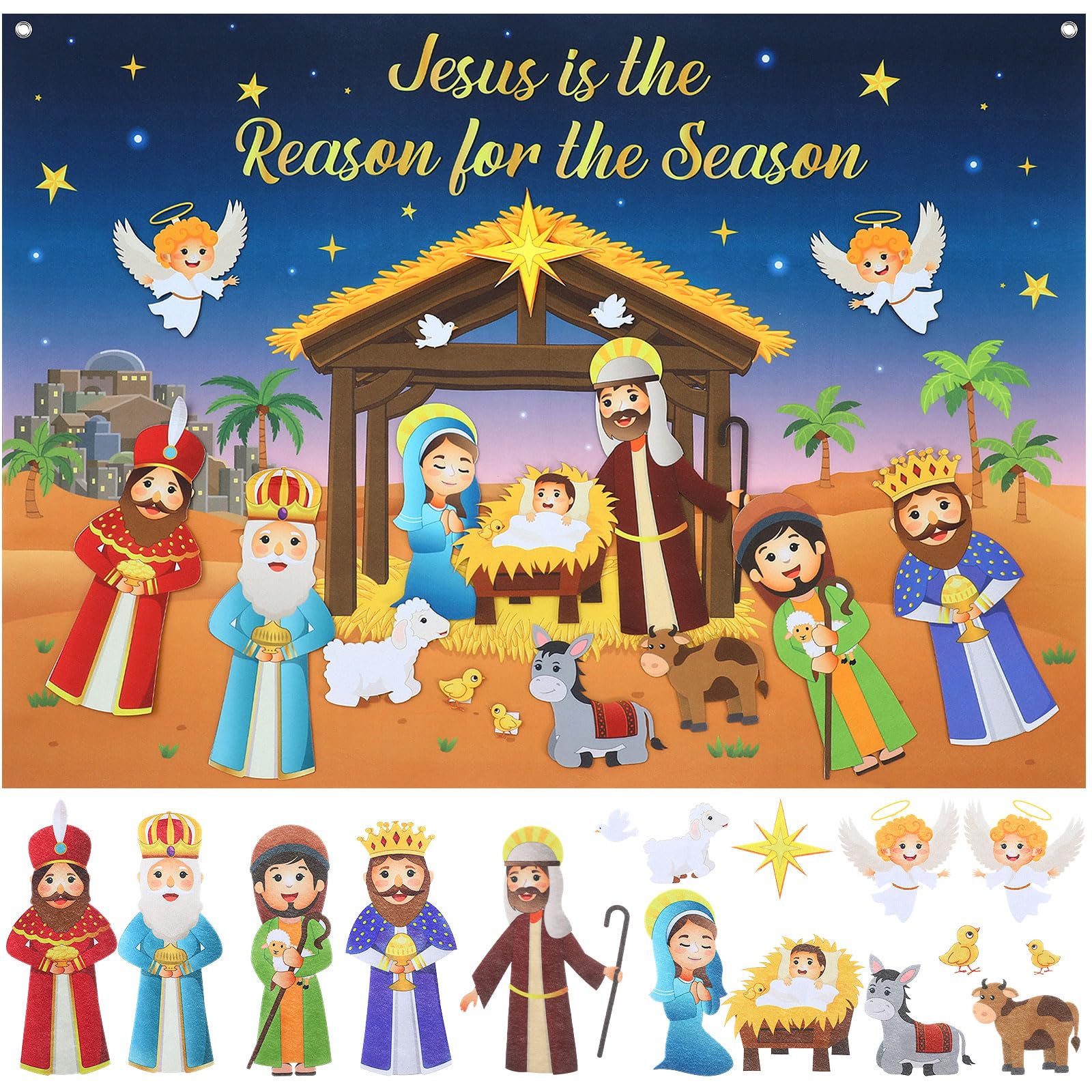 Tiamon Felt Christmas Tree for Kids Nativity Story Board Set Advent DIY Religious Nativity Scene with 17 Pcs Detachable Wall Orn