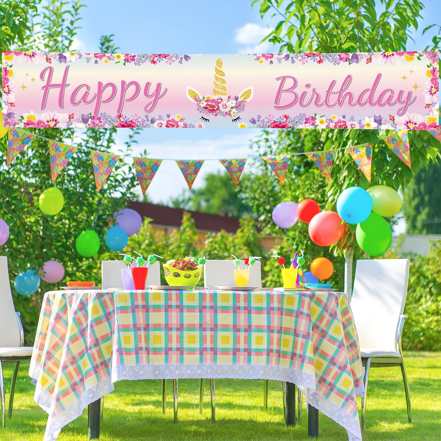 Large Unicorn Happy Birthday Banner 1.3 x 8.2 ft Huge Pink Unicorn Flowers Birthday Banner Floral Yard Sign Decorations for Outd