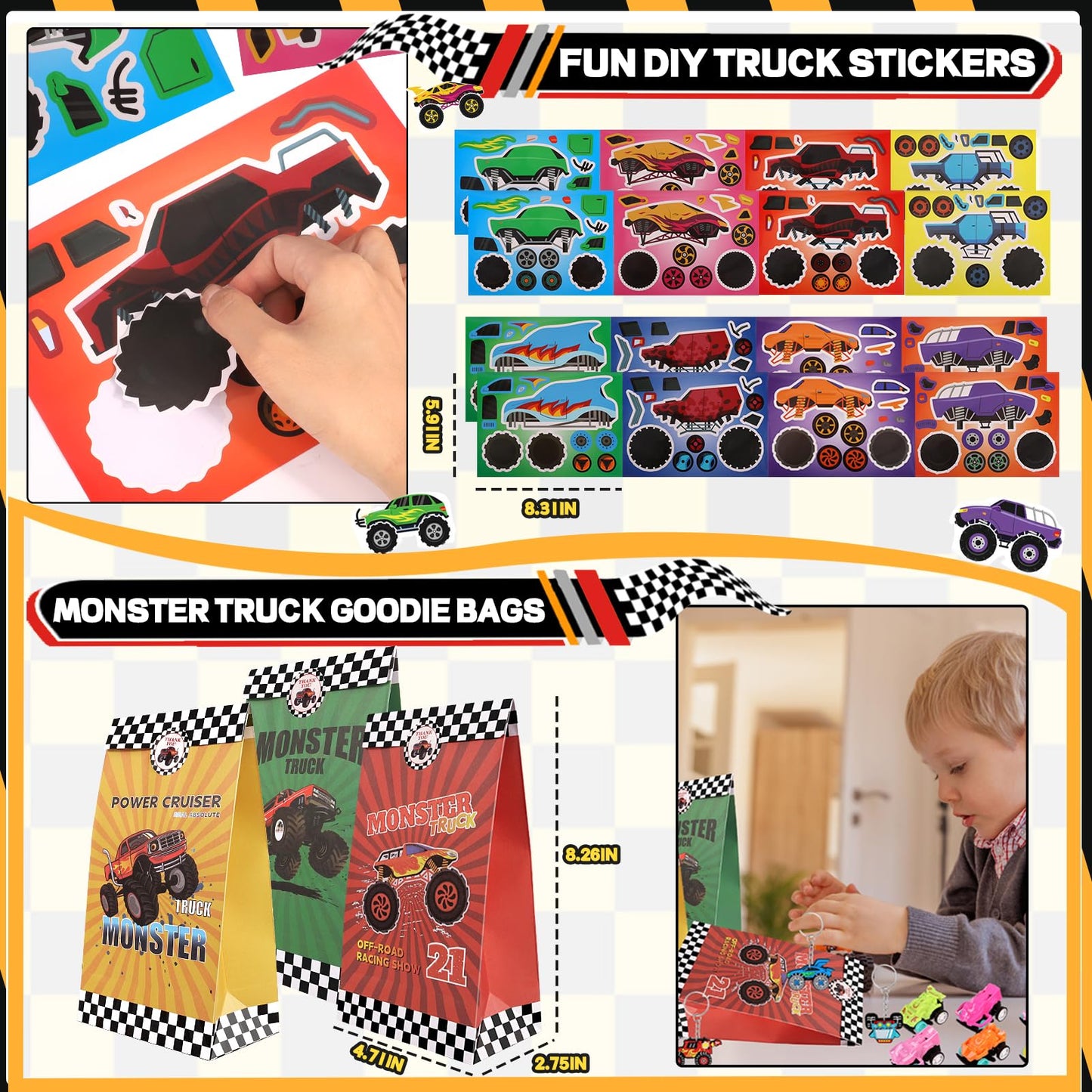 Monster Truck Party Favors Serve 12 Including Drinking Straws, Mini Pull Cars, Keychains, Gift Bags, Diy Stickers, Temporary Tat