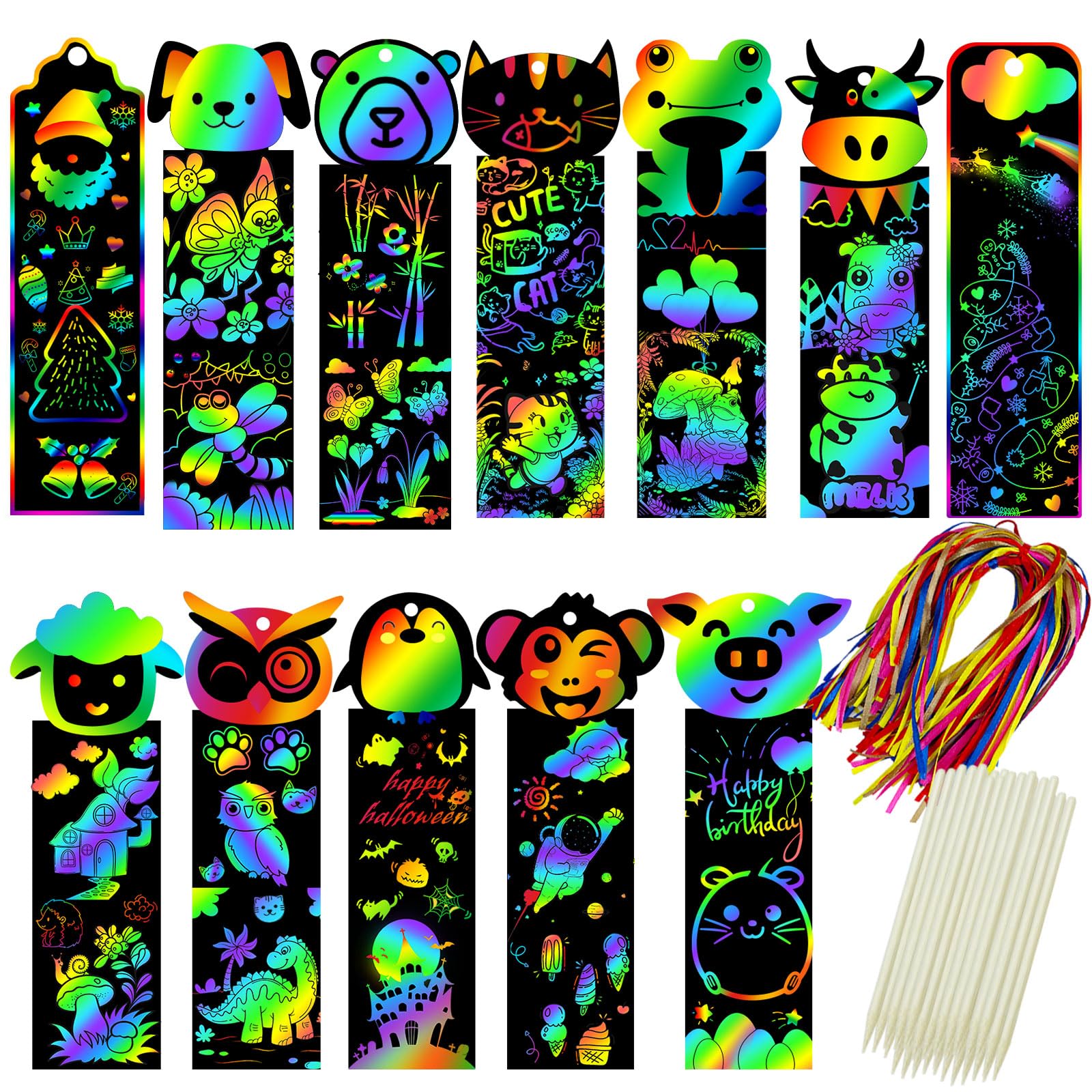 Tcvents 100 Sets Scratch Art Bookmarks Making Kit Valentine Cards for Kids, Scratch DIY Animal Bookmarks Bulk with 100 Ribbons a