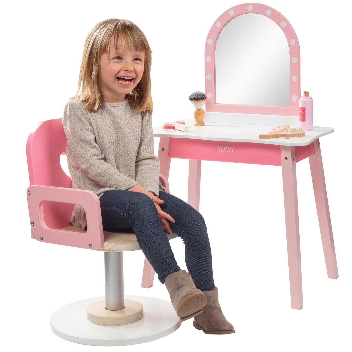 Pretend Hair Salon Wooden Play Set- Full Vanity Mirror W Chair & Rolling Cart- Playset Includes Blow Dryer, Brush, Styling, Cutt
