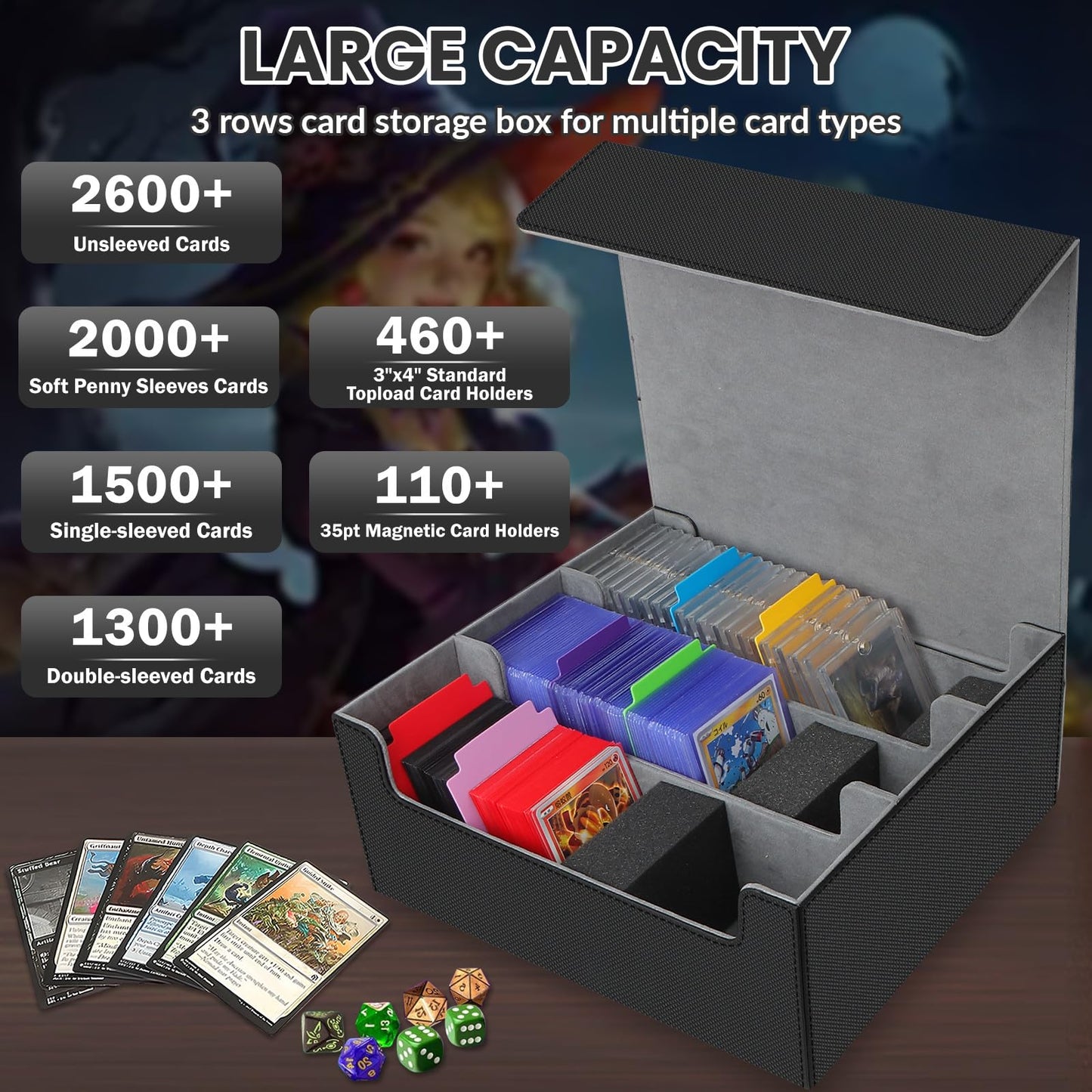 Qlouni Card Storage Box For Trading Cards, 2600+ Commander Deck Box, Storage Box Fits Toploader And One-Touch, Card Organizer Fo