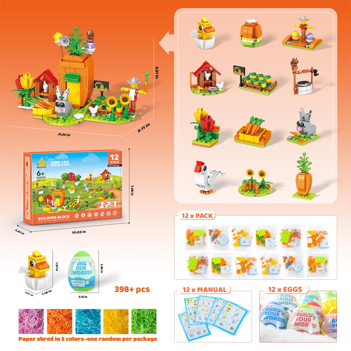 Easter Gifts Building Set For Kids - 12-In-1 Bunny Carrot House Building Toy With Prefilled Eggs, Fun Easter Basket Stuffer & De