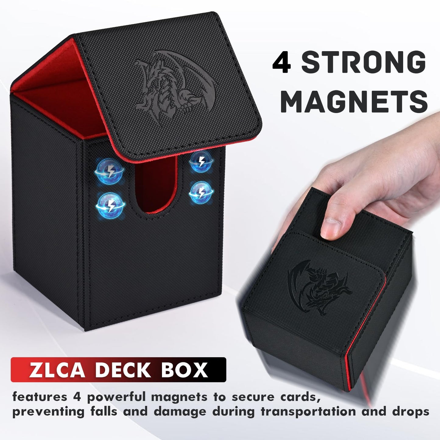 Zlca Card Deck Box For Trading Cards With 2 Dividers, Card Storage Box Fits 100+ Single Sleeved Cards, Pu Leather Card Deck Case Holder For Magic Commander Tcg Ccg (Black&Red,Emperor Dragon)
