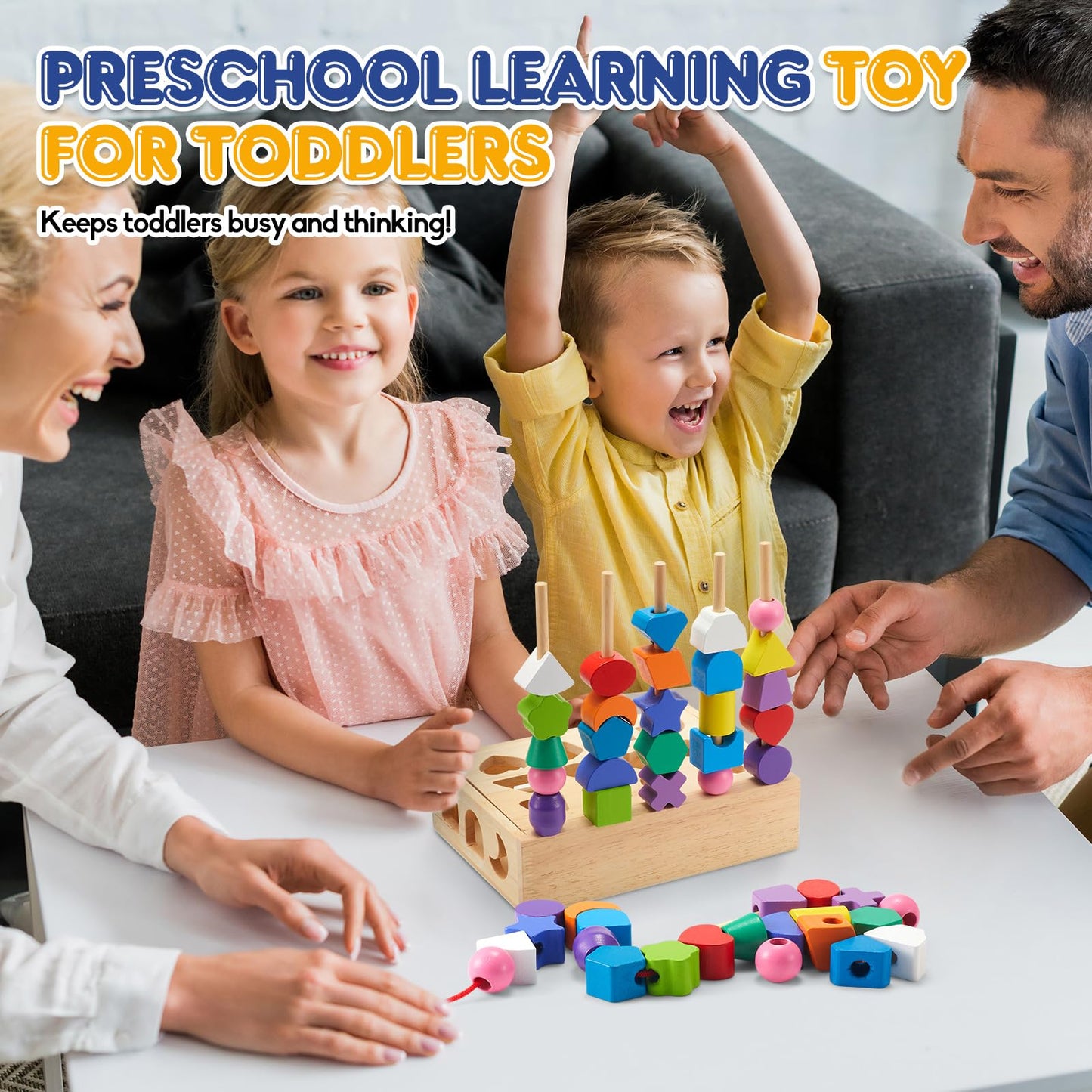 Zgimi 3 In 1 Montessori Wooden Toys, Lacing Beads & Stacking Blocks & Shape Sorter Sequencing Toy Set, Stem Preschool Educationa
