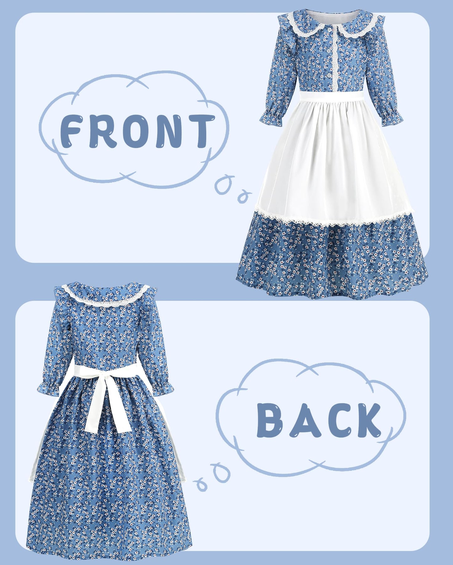 Aoiviss Girls Pioneer Costume Floral Colonial Prairie Dress For Little Kids With Apron And Bonnet, Blue