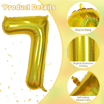 Giant 7 Number Balloons, 40 Inch Laser Gold Foil 7 Balloons Decor, Iridescent Globos Dorados Helium Self Inflating Mylar 7 Ballo