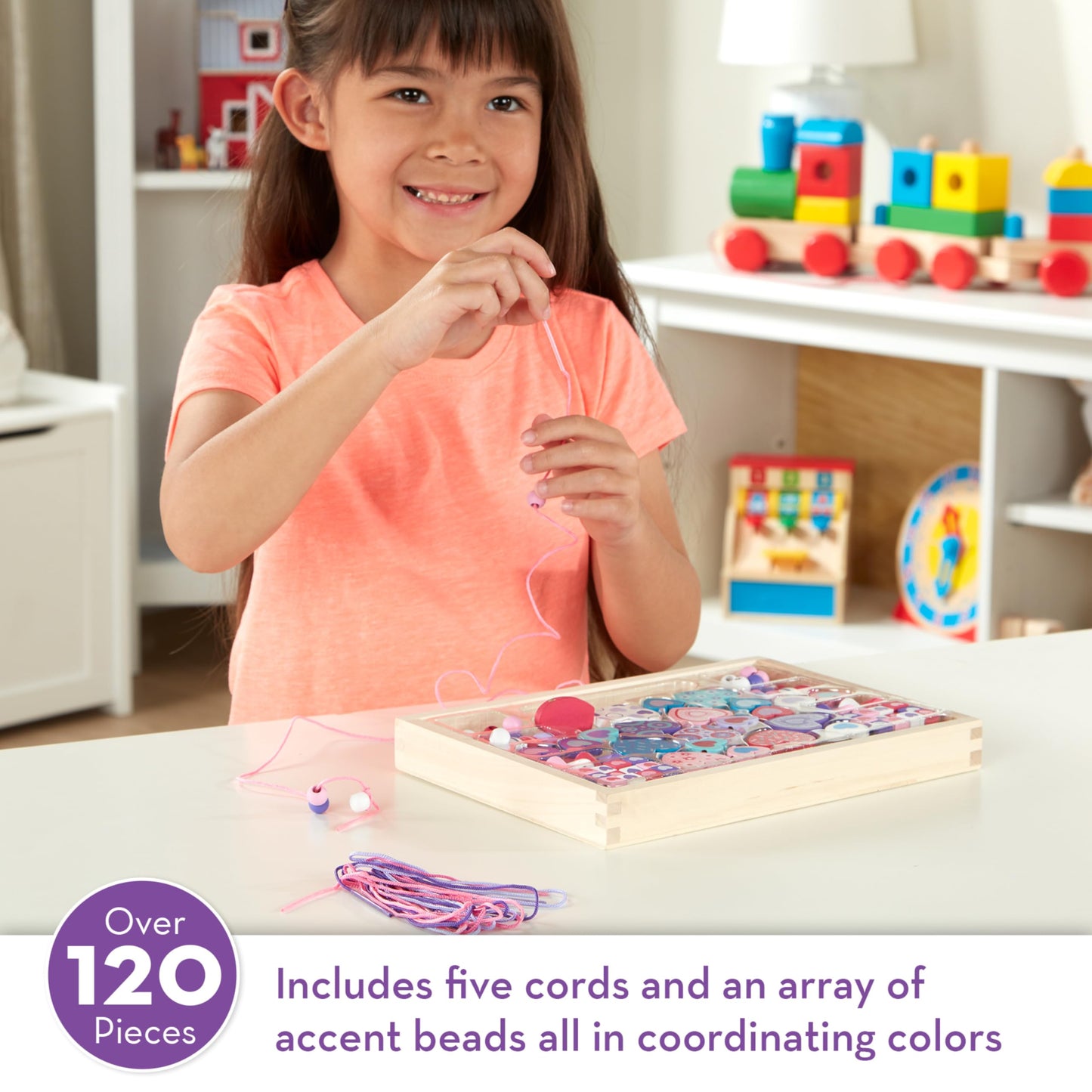 Melissa & Doug Created By Me! Heart Beads Wooden Bead Kit, 120+ Beads And 5 Cords For Jewelry-Making