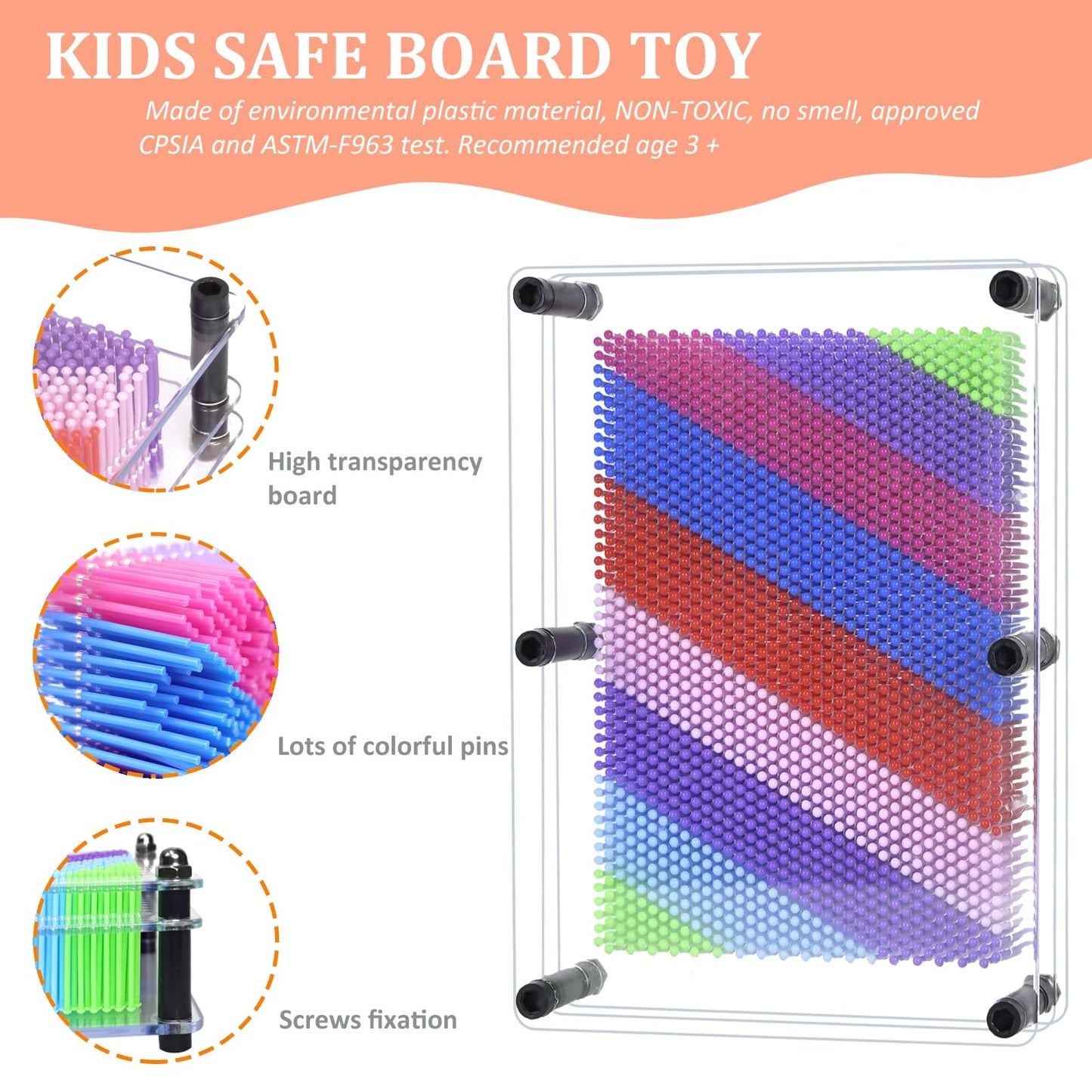 Mickyu Large 3D Pin Art Busy Board Games Rainbow Sensory Fidget Toys For Kids With Autism, 6X8 In