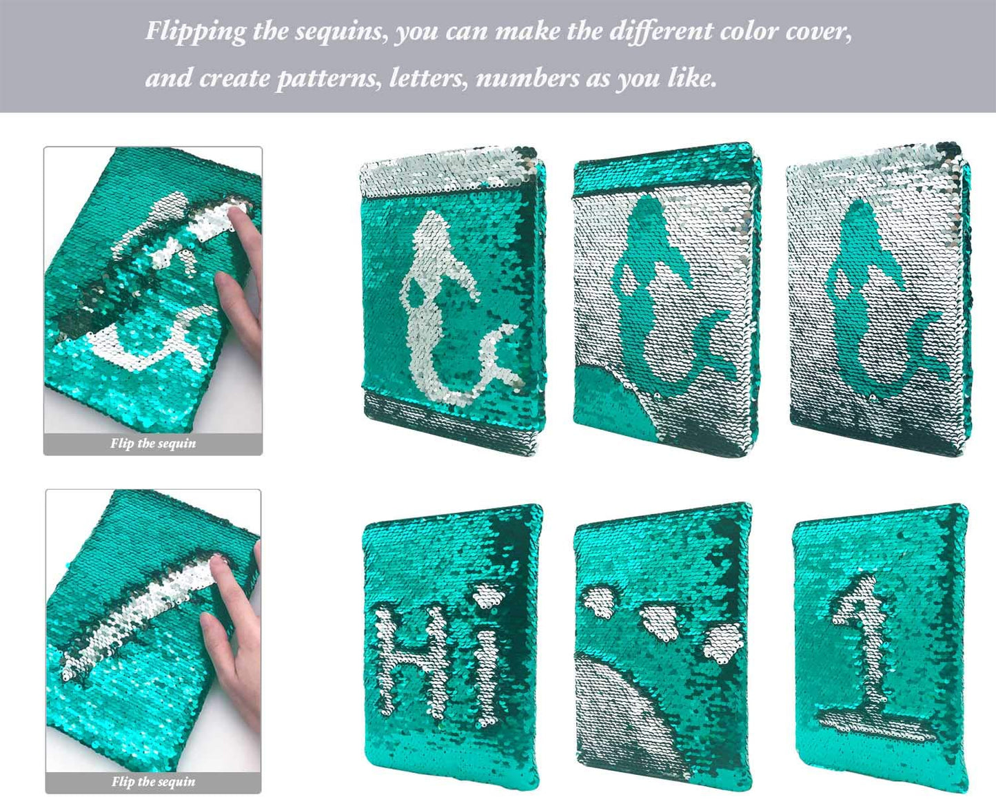 Sequin Girls Journal For Kids, 8.5X5.5 Inches 160 Lined Pages Diary For Girls Mermaid Reversible Flip Sequence Notebook For Teenage Pre School Writing Drawing Travel Gifts (Jellyfish Green-Sliver)